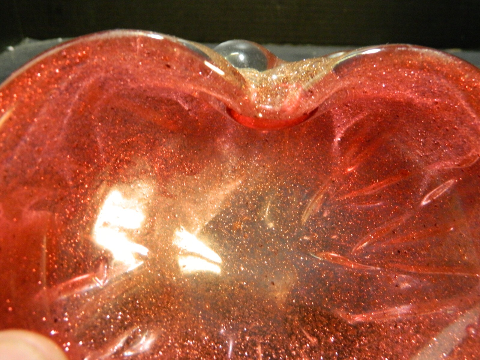 Murano Hand Blown Cranberry Art Glass Pinched Sides Bowl w/ Gold Dust 5.5″ Excel