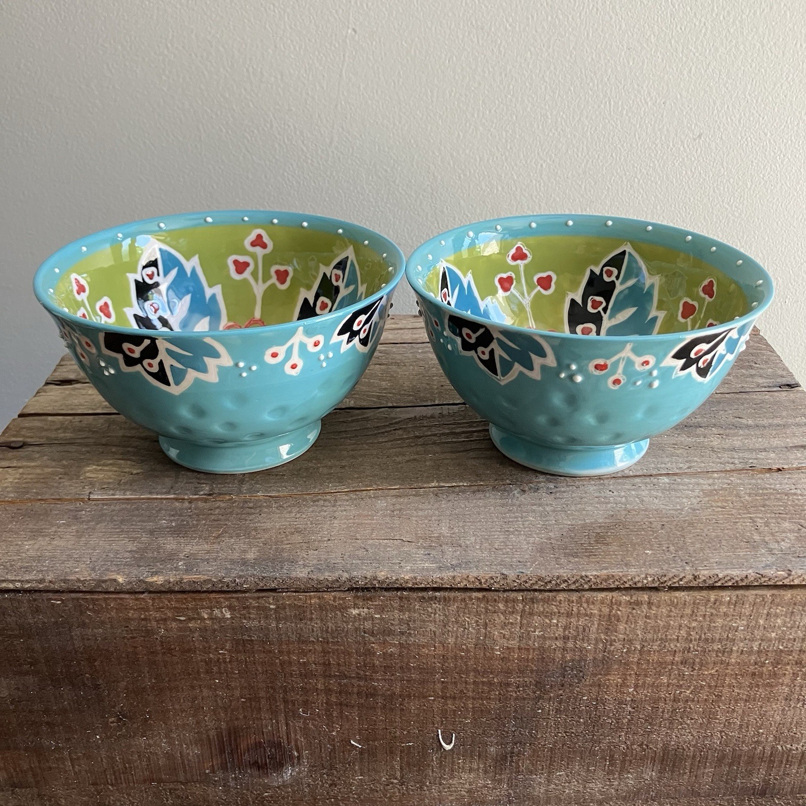 2 Yokohama Studio Japan 6″ Rice Soup Noodle Bowls Hand Painted & Embossed Dots