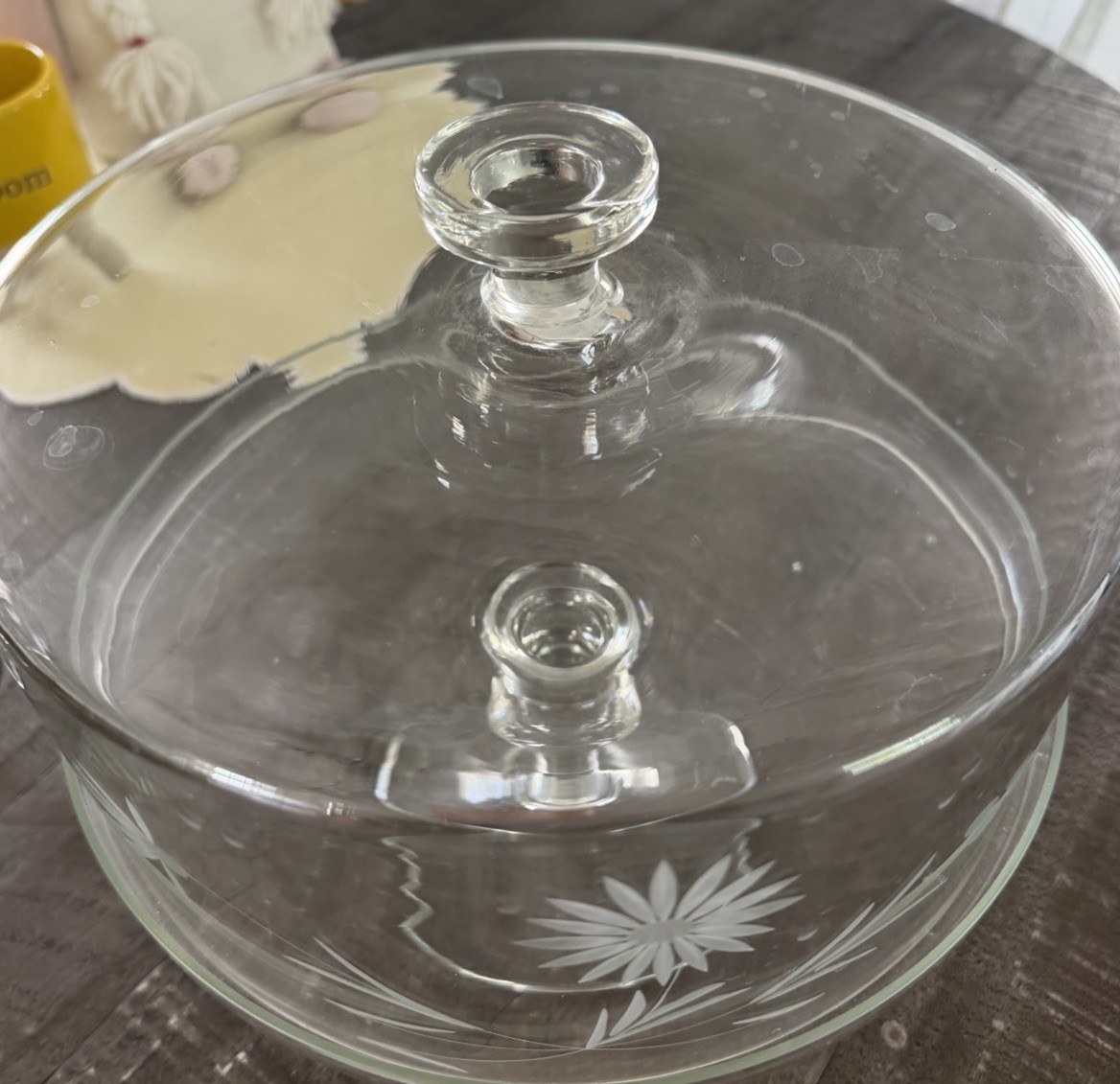 Etched Glass Cake Pedestal Stand & Lid 10-3/8″ cake stand inner diameter