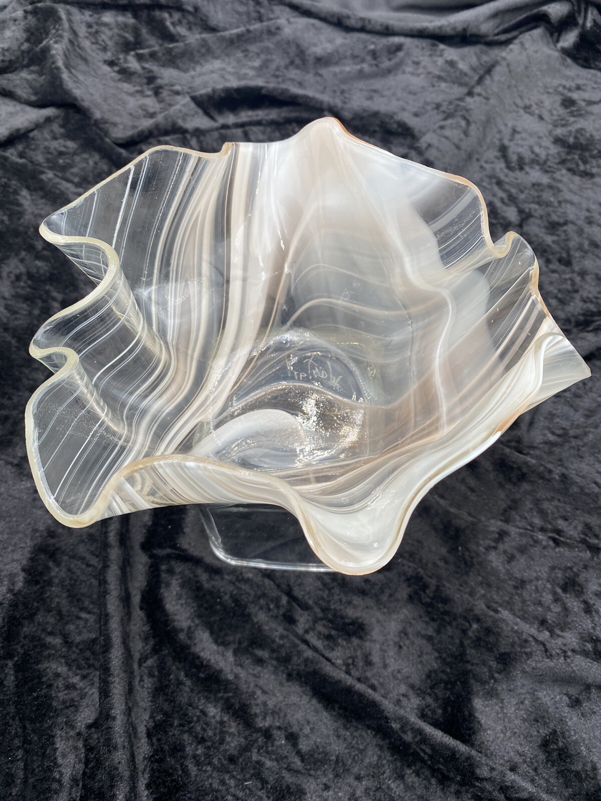 Vintage Handblown Murrhina Glass Handkerchief Bowl/Candle, Peach & White, Signed