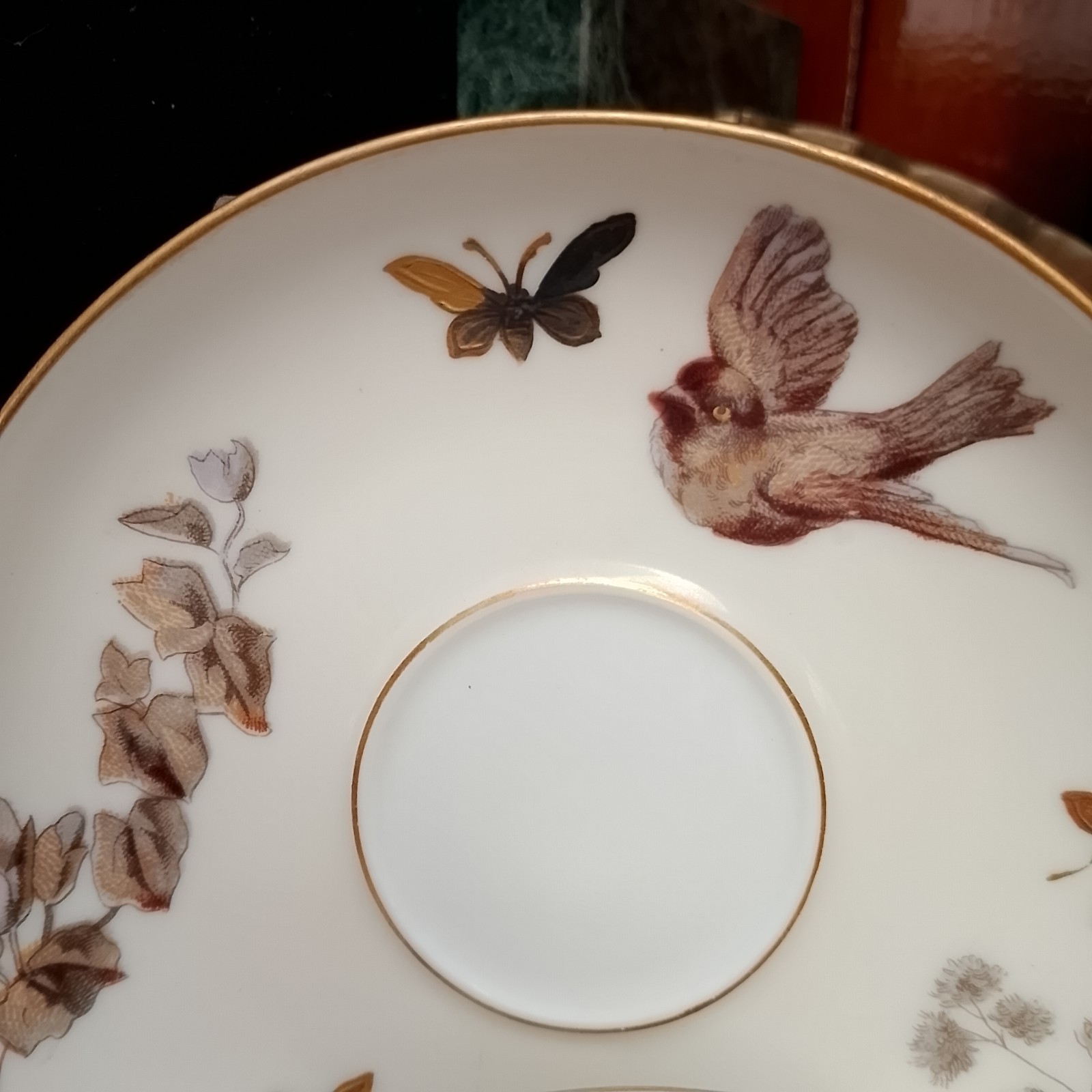 Fischer & Mieg Pirkenhammer Cup Saucer Birds BEES Hand-Painted 1890s C&S HTF