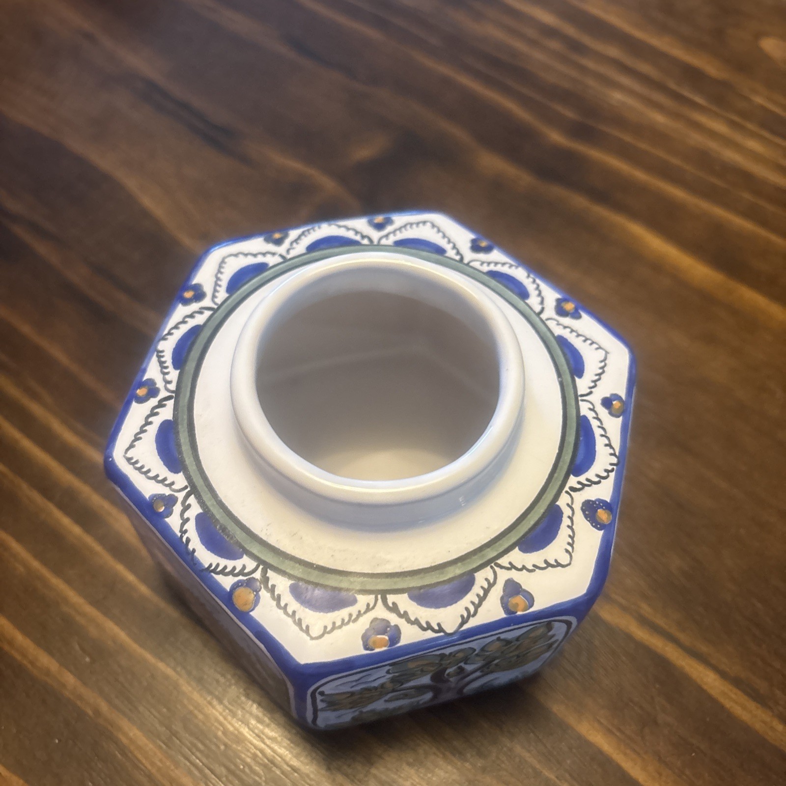 Vintage COIMBRA Style Portugal Pottery Hexagon Ginger Jar w/ Lid