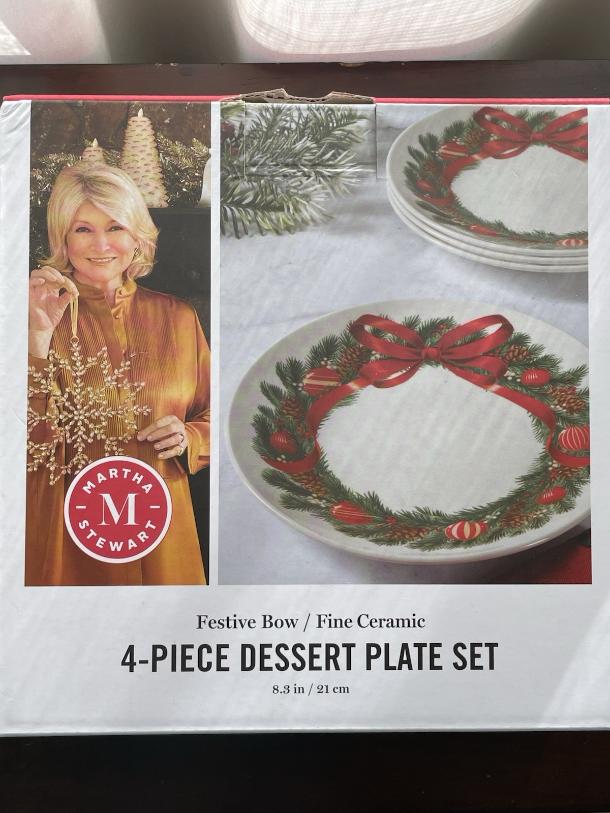 Martha Stewart Festive Bow Dessert Plate 8.3″ Ceramic-Set of 4 New in Box