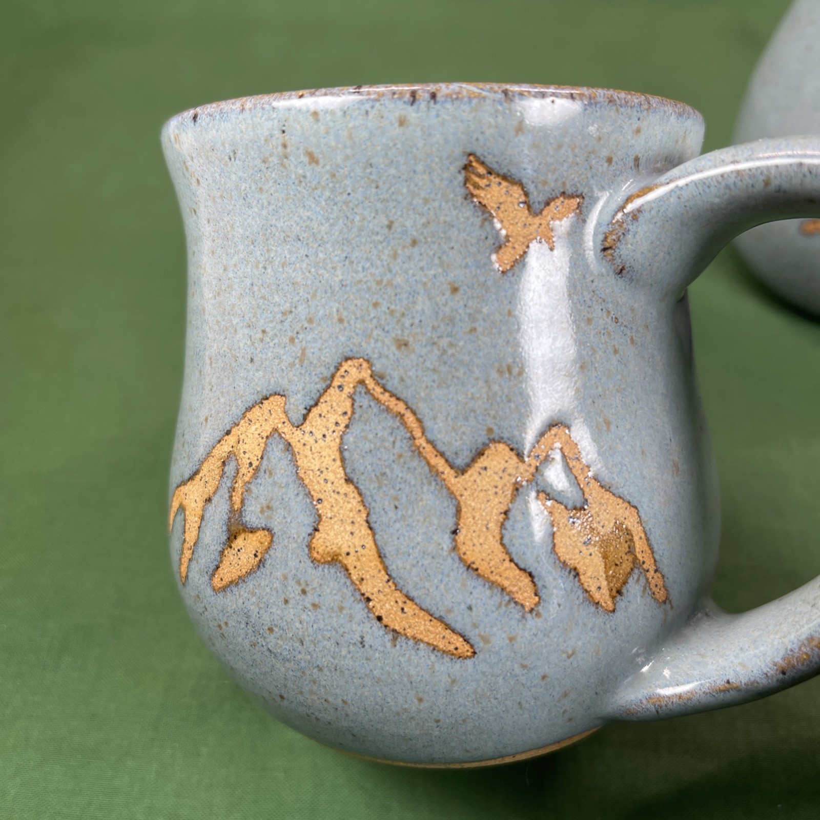 2 Studio Art Pottery Blue Grey & Tan Mugs Stoneware Mountains Eagle Design