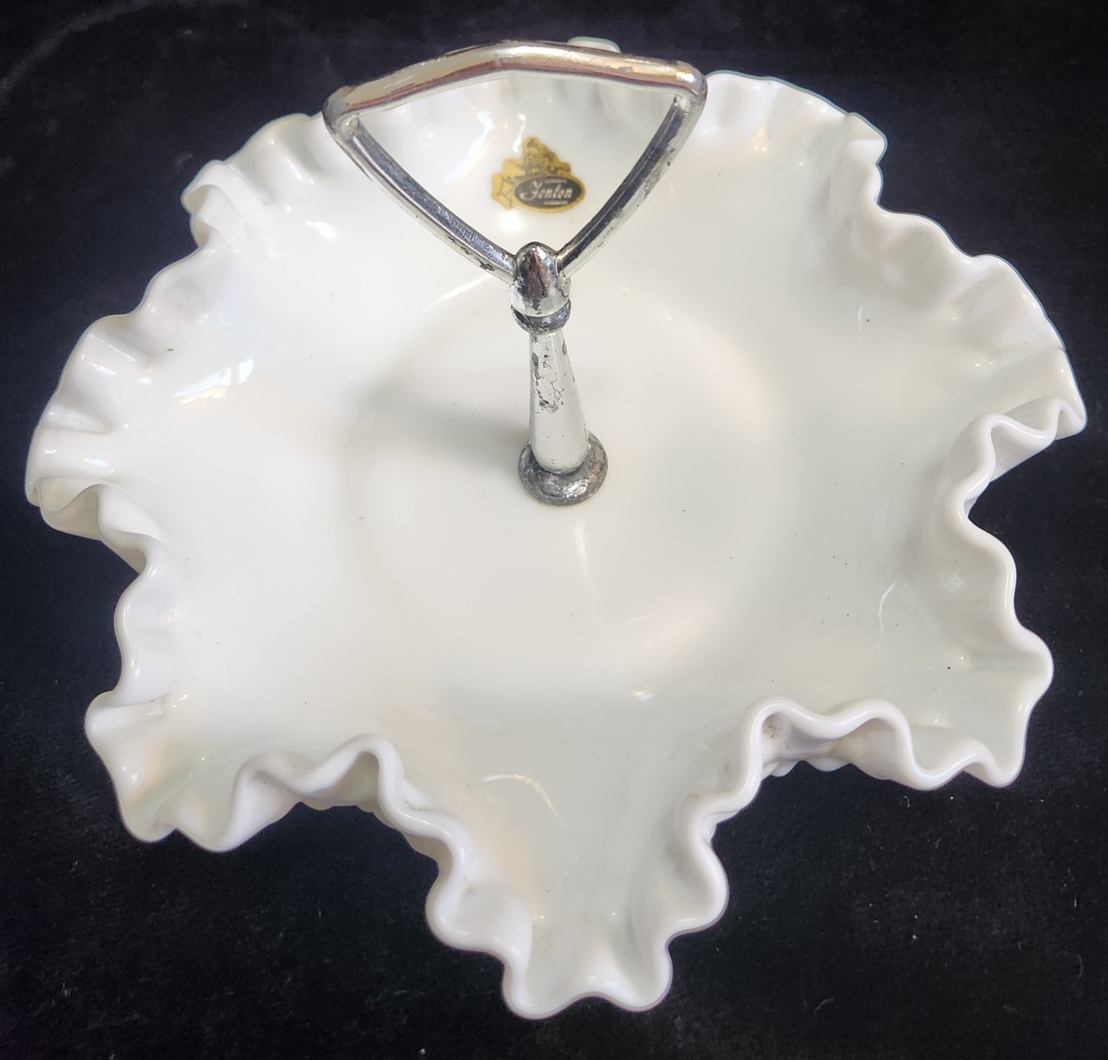 Vintage Original Sticker 5 in. Fenton White Hobnail Candy Trinket Dish Handle