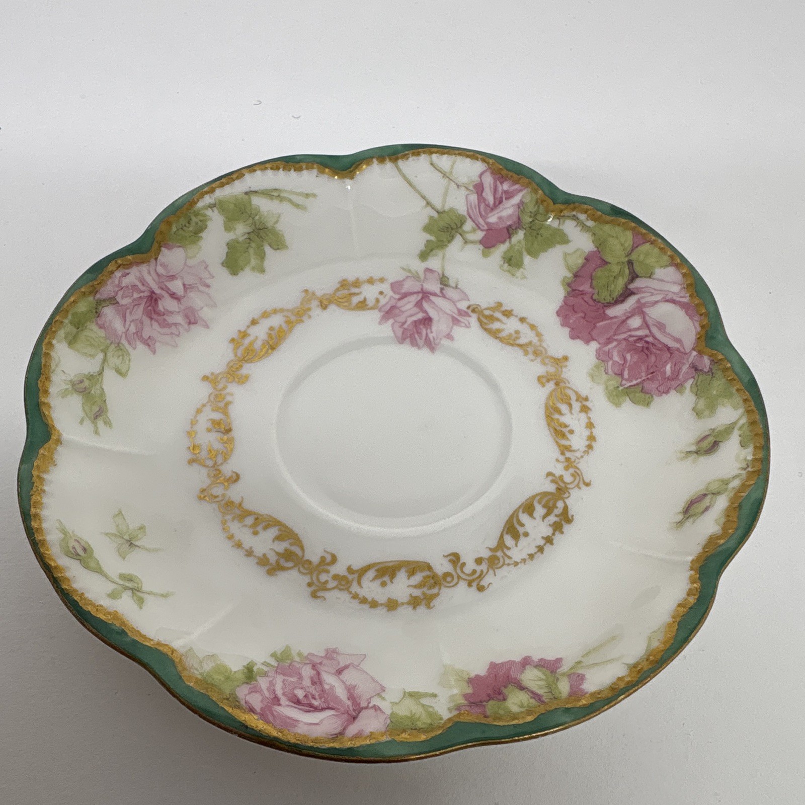 Haviland Limoges Floral Porcelain Saucer Green Rim Gold Trim 5 in