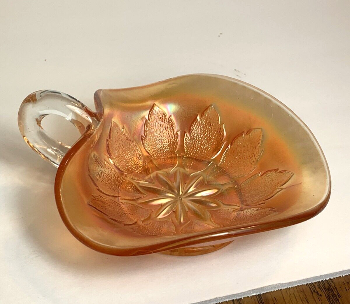 Vintage Dugan Carnival Glass Marigold Leaf Rays Triangular Iridescent Nappy Bowl