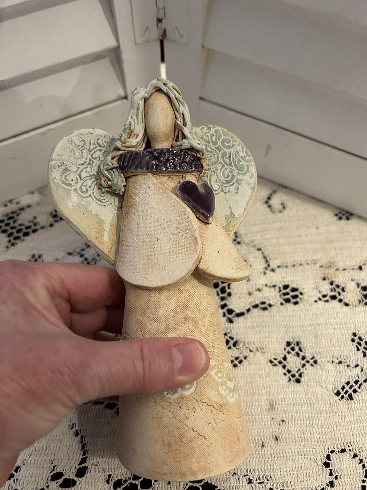 Pottery angel holding heart studio signed Olivia D Dowdy rustic North Carolina