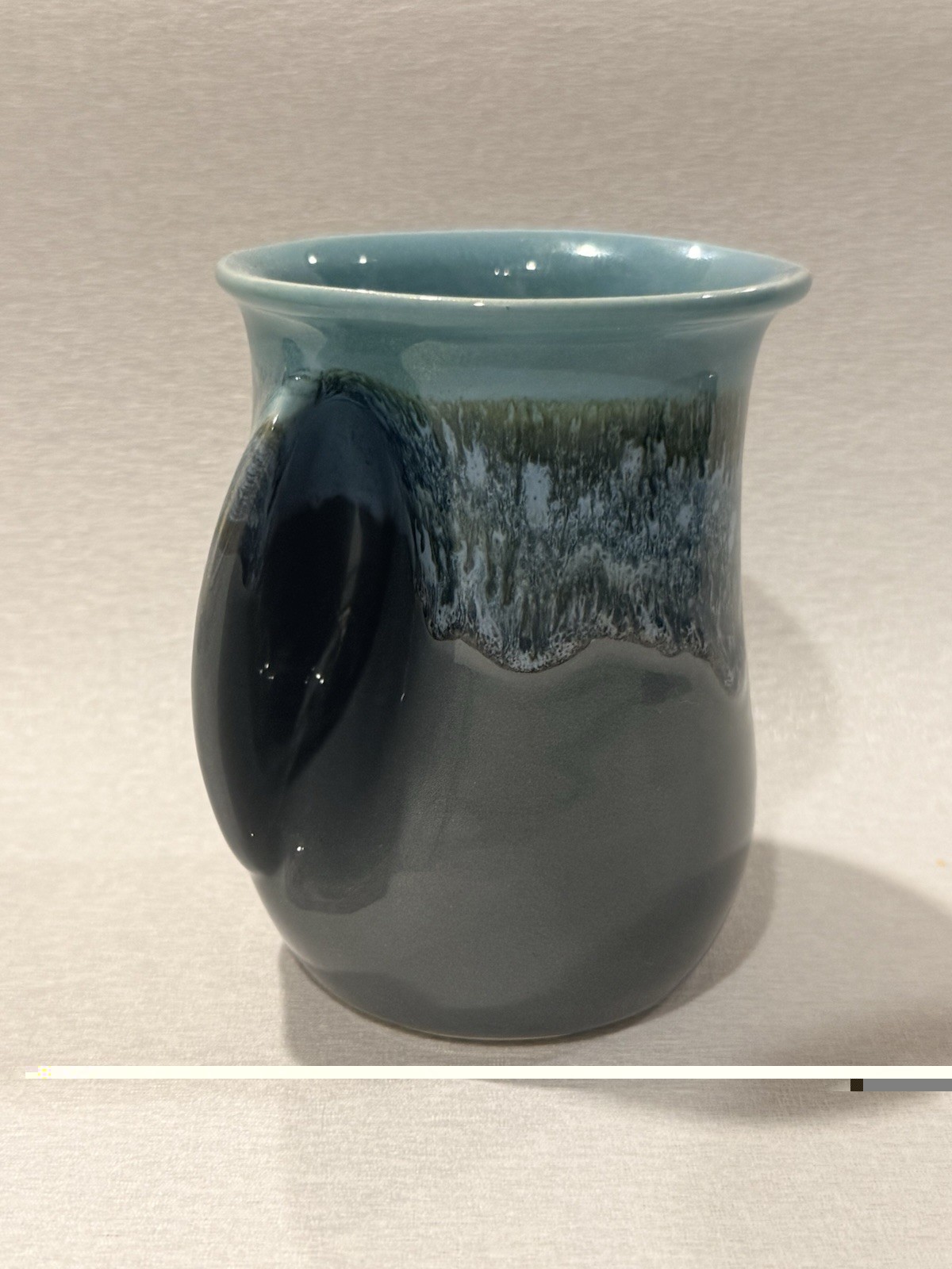 Neher Mug Hand Warmer Drip Glaze Clay in Motion Right-Handed Coffee Signed 2024