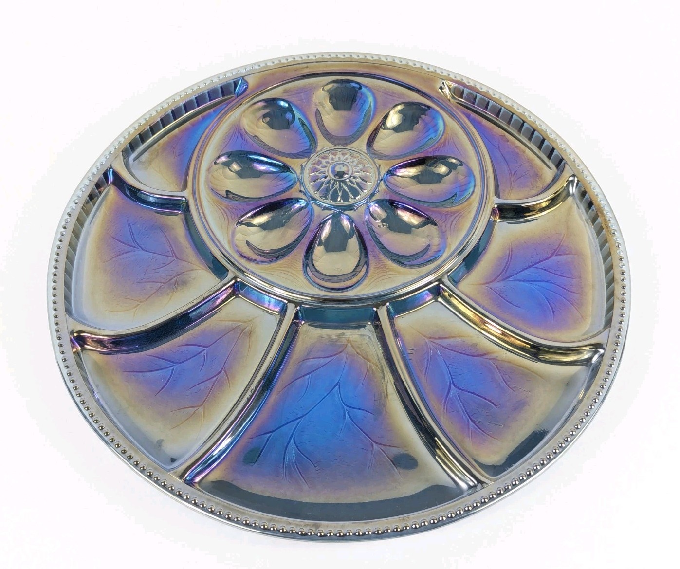 Vintage Indiana Glass Blue Carnival Deviled Egg Relish Tray Platter Iridescent