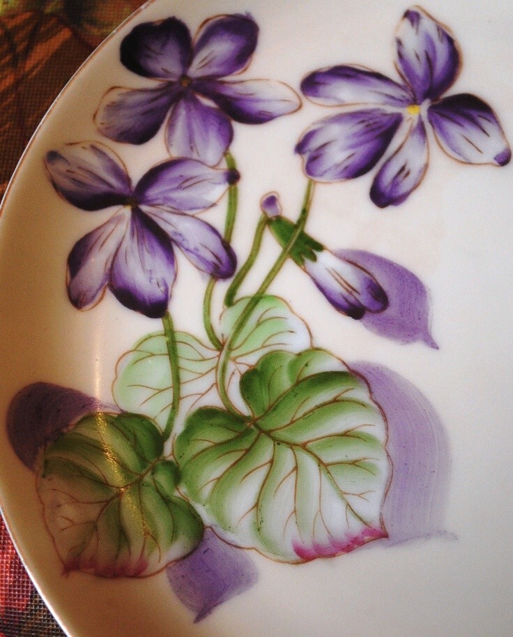 Vtg Set 6 PLATES Tashiro Shoten Japan HANDPAINTED PURPLE VIOLETS Gold Rims 7.5″