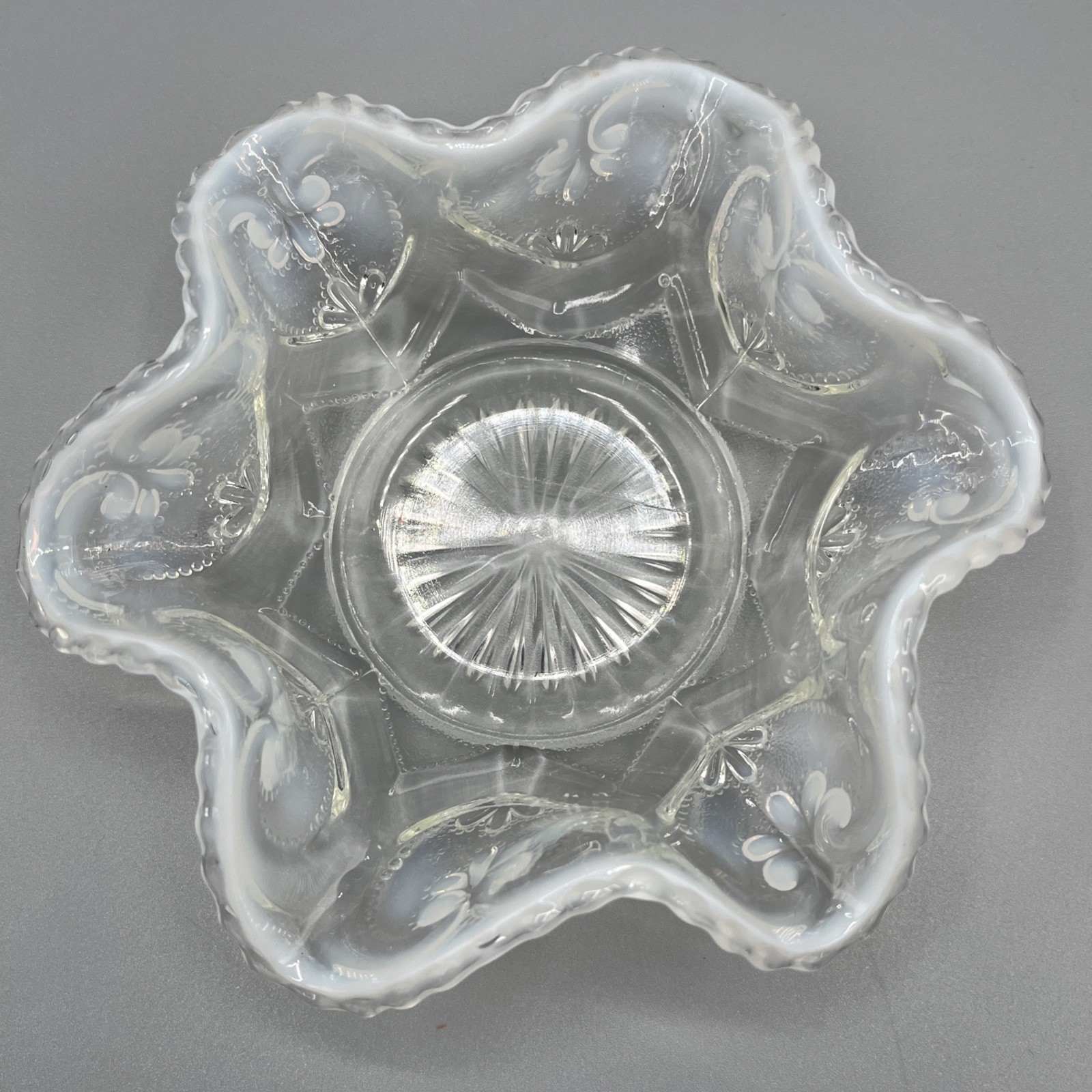 Antique Victor Pattern Ruffled Opalescent Clear Glass Berry Bowl Dugan 1905
