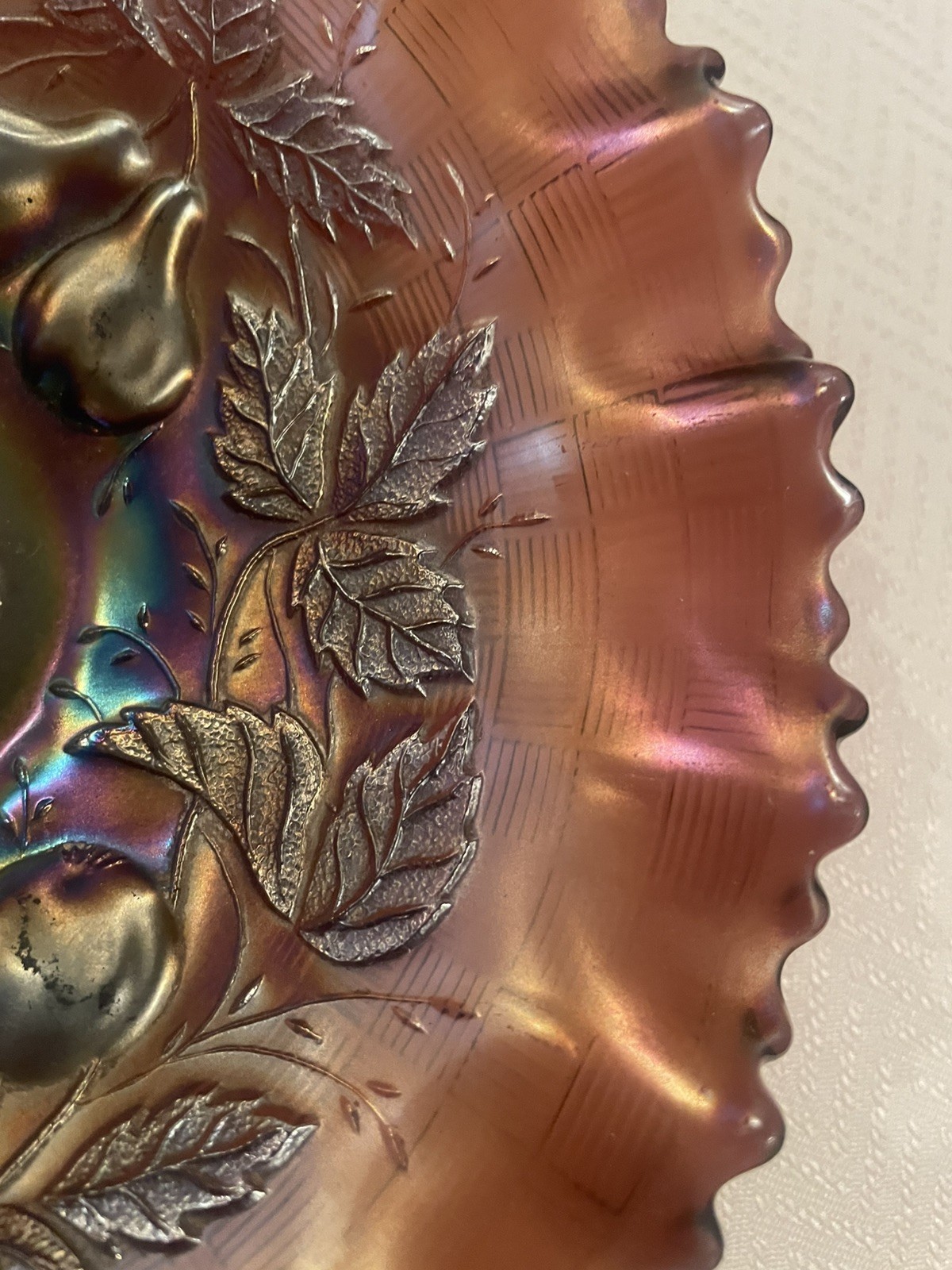 Northwood Carnival Glass Opalescent Fruit And Leaves Blue Brown Green 8.5”
