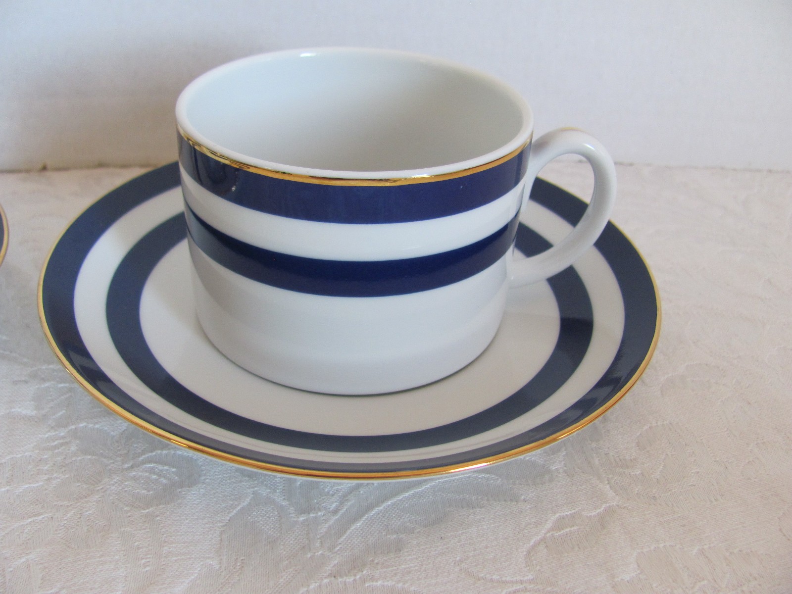 RALPH LAUREN Spectator Cadet-Blue Bands/Gold Trim- 2 Cups & 2 Saucers