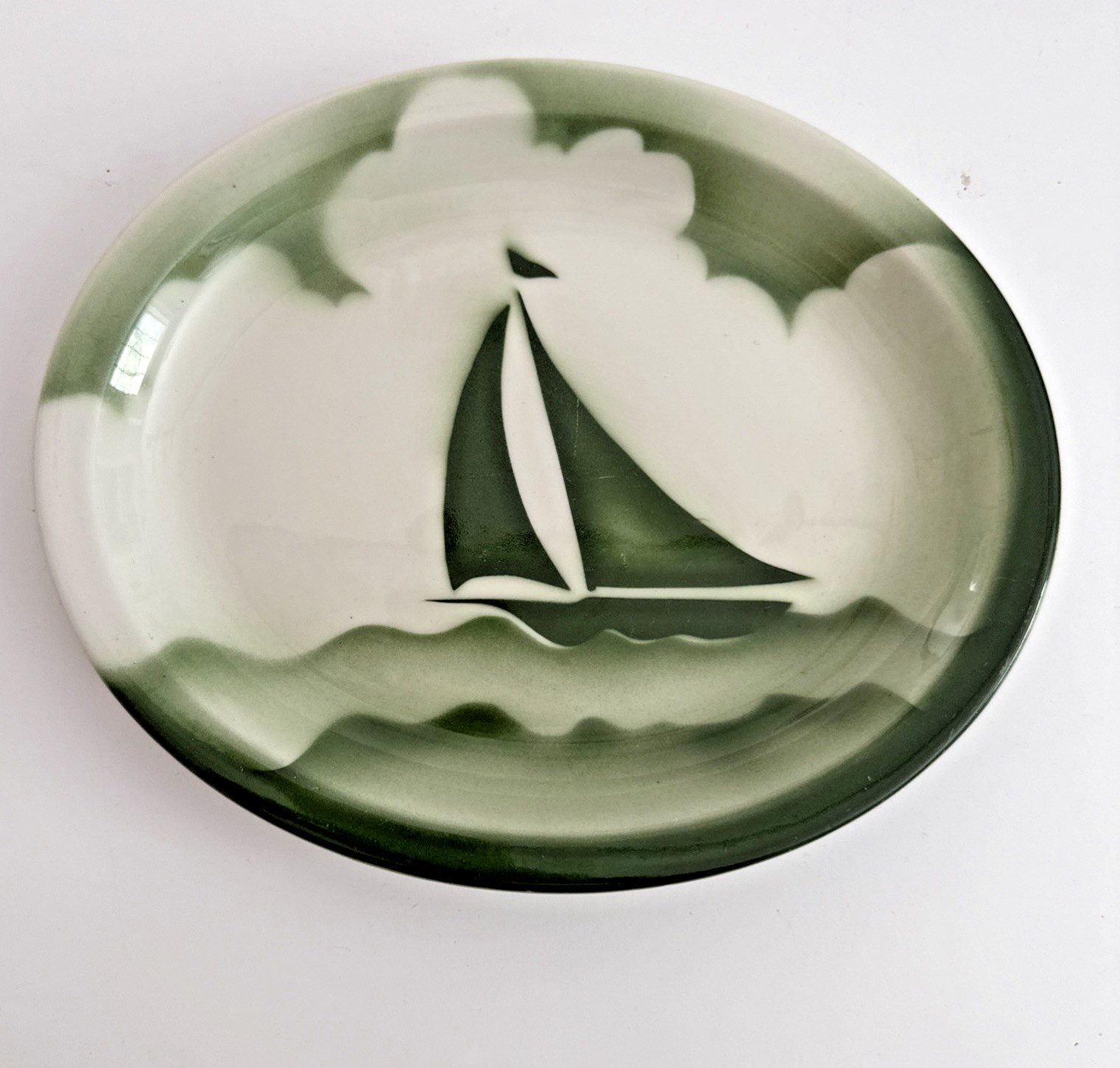 Rare 1950s Jackson China Airbrushed Sailboat Platter Green Nautical Restaurant
