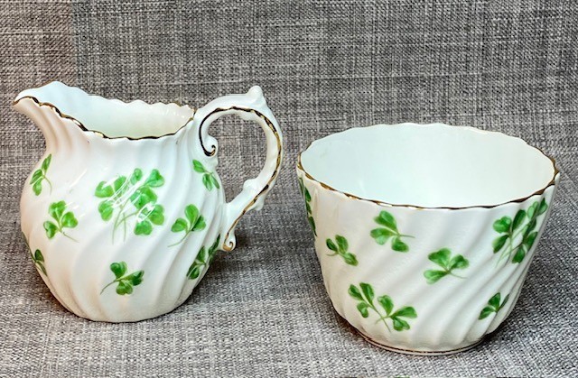 2 pc AYNSLEY England Cream & Sugar Set Bone China Green Clover Motif Gold Trim