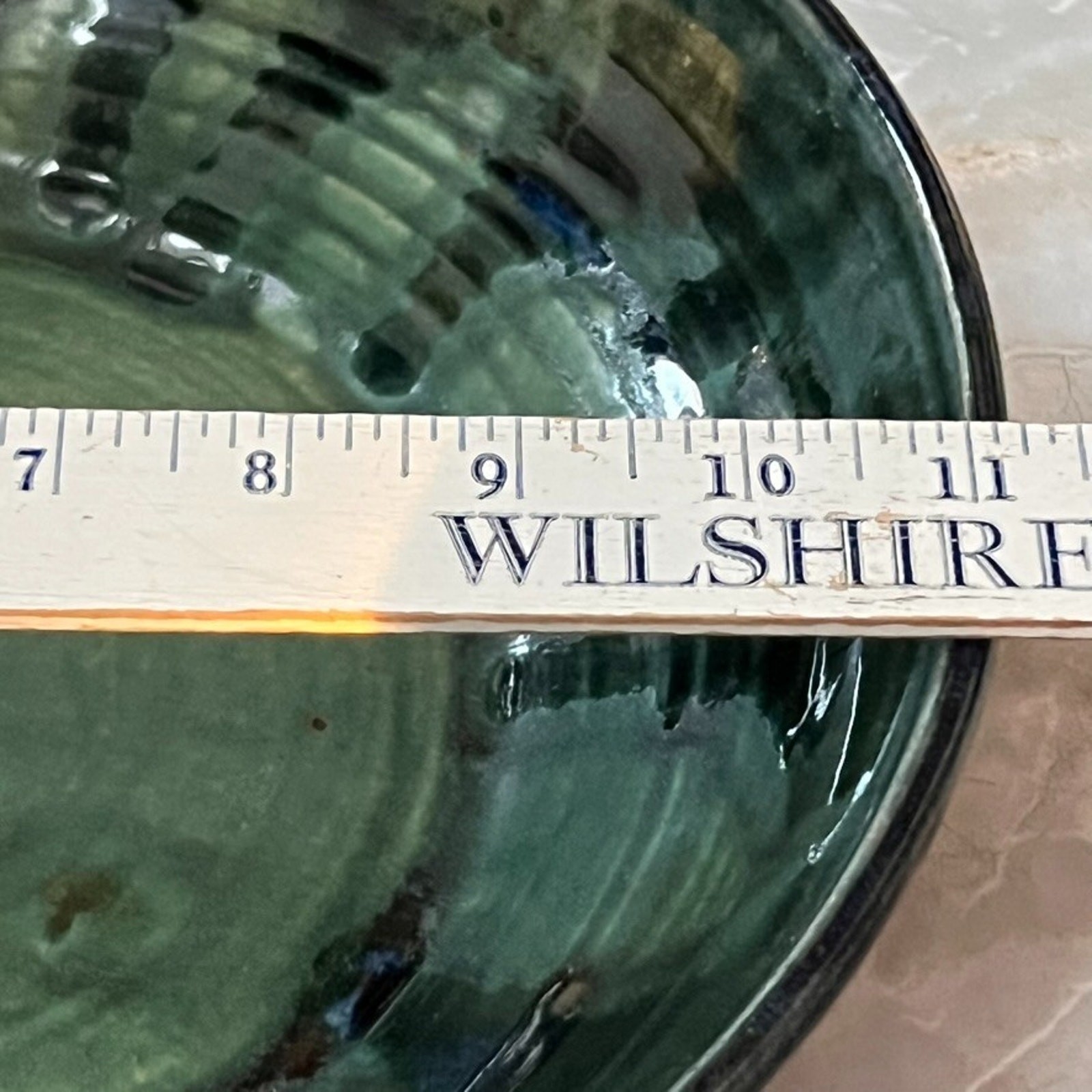 1995 Studio Art Pottery Bowl 11″ Dark Green Glaze Drip Glossy Finish