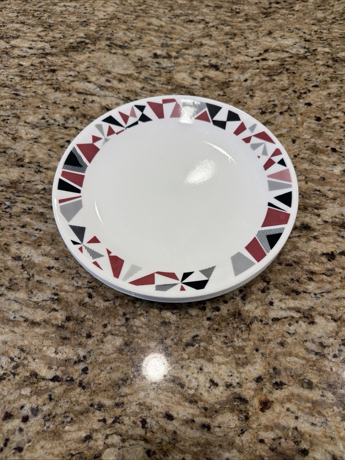 Corelle MOSAIC RED Set of 5 Dinner Plates White w/ Red & Black Geometric 10.25”