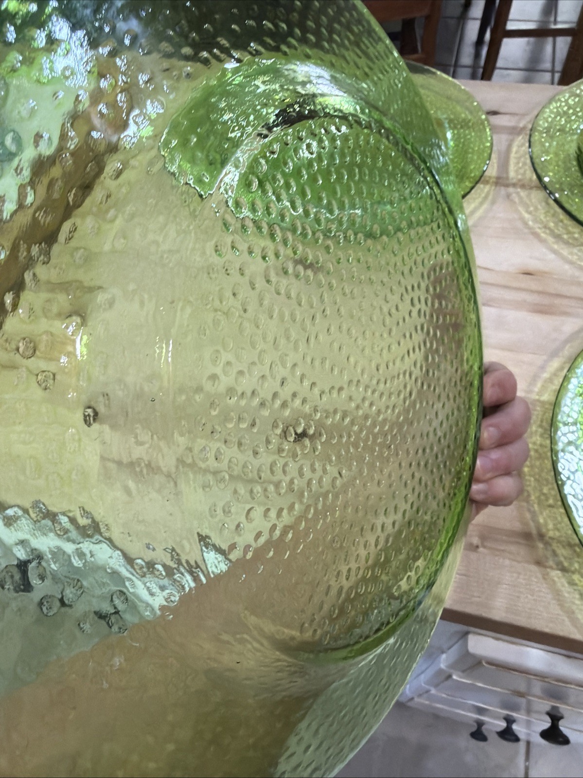 Large 12 3/4” Heavy Green Glass Platters Textured (Set Of 4)