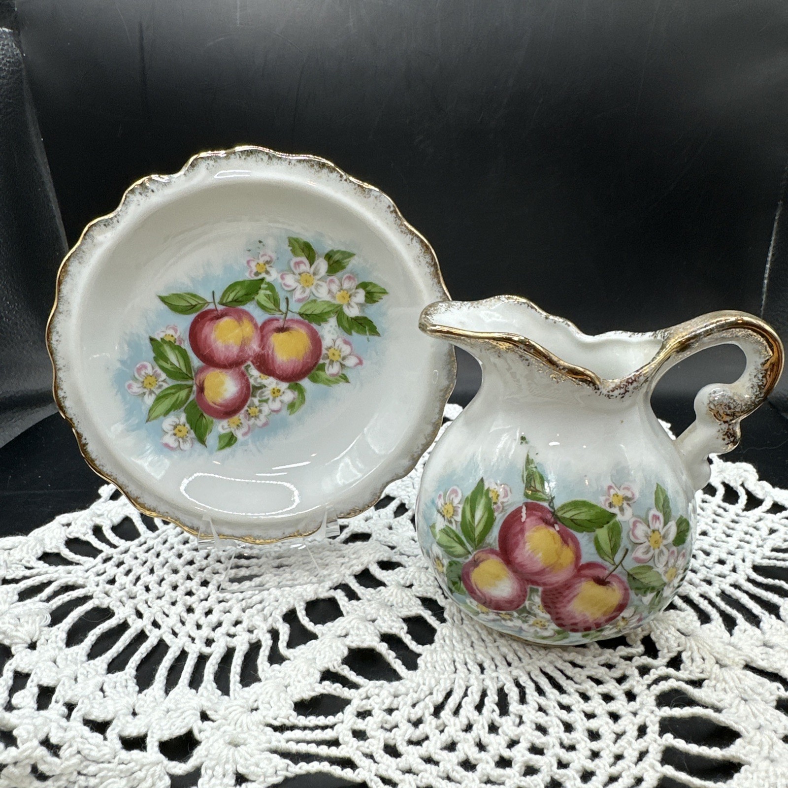 Vintage Japan HOMCO Small 4” Porcelain Creamer and Saucer Gold Trim Hand Painted