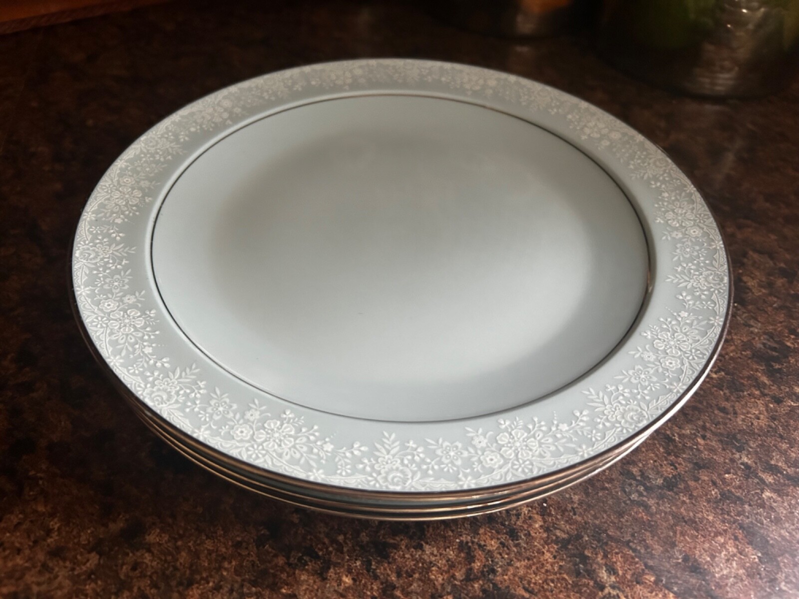 Noritake Fidelity Blue with White Flowers Platinum Trim 10 1/4” Dinner Plate X3