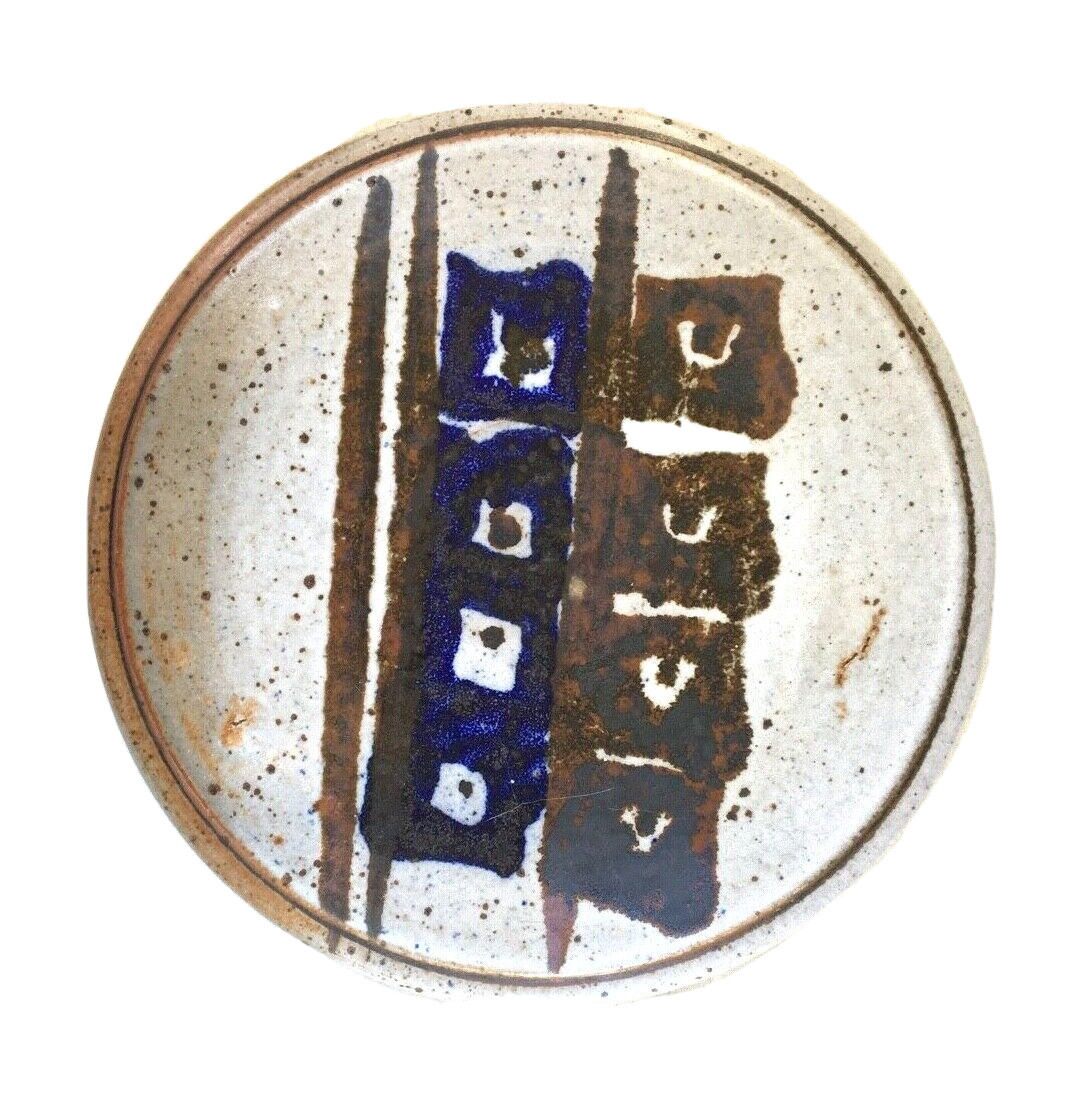 Vintage Hand Decorated Gray, Blue & Brown Covered Dish with Lid, Signed “K”