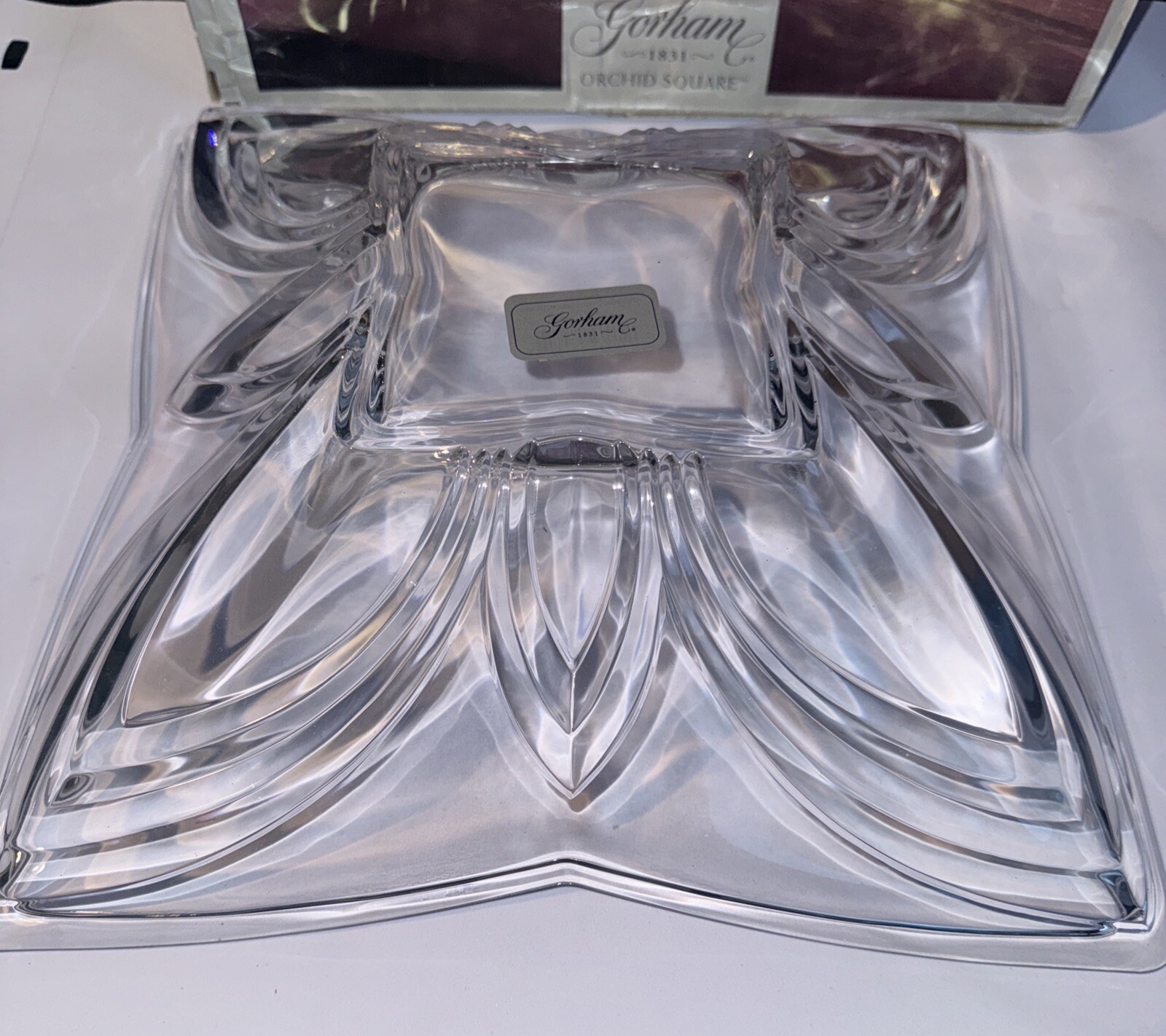 Gorham Lead Crystal Orchid Square 11 3/4 Inch Square Centerpiece Bowl Boxed