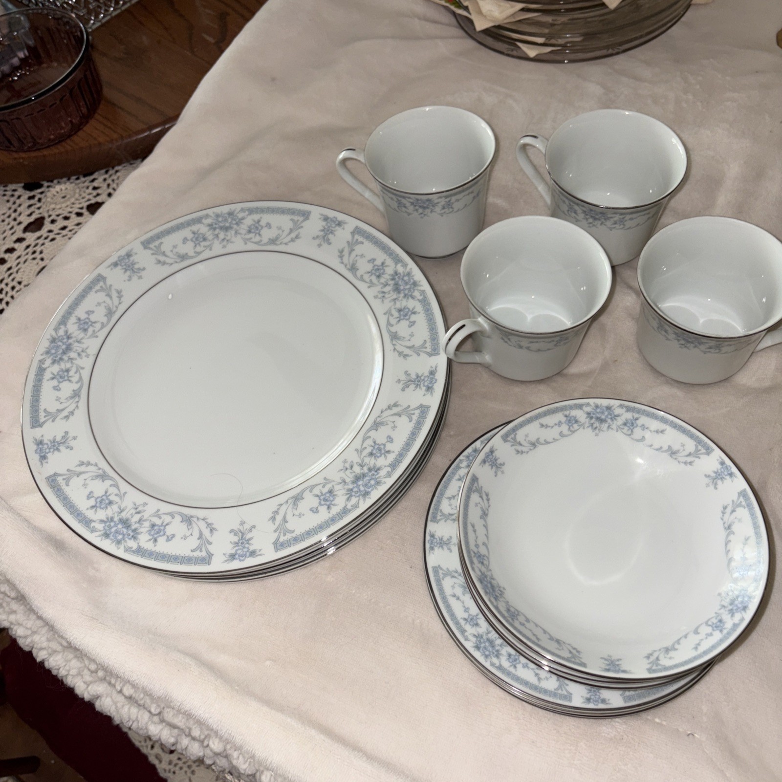 New 16 Piece SHEFFIELD Blue Whisper China | Dinner Plate/Cup/Saucer/Dessert