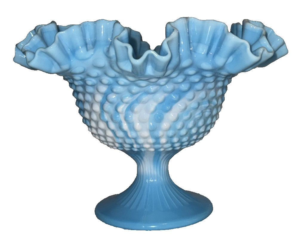 Vintage Fenton Blue Milk Marble Glass Hobnail Pedestal Bowl Ruffled Edge White