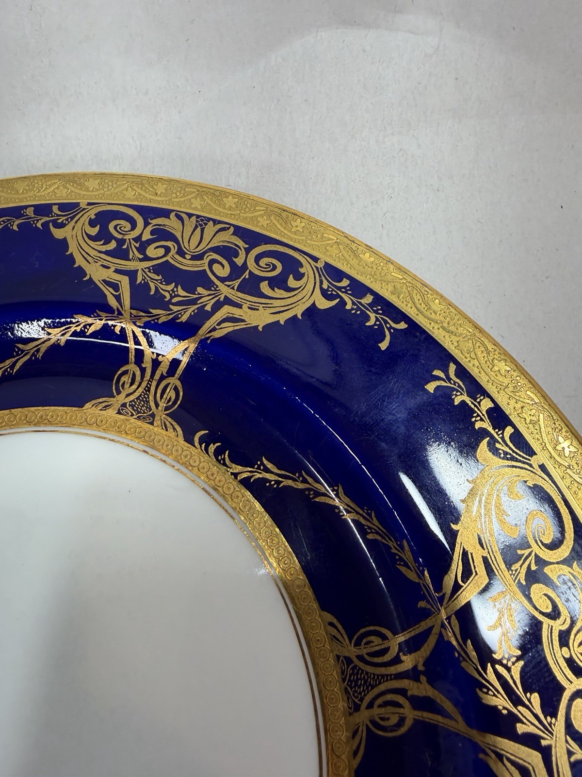 Antique Minton Porcelain 2 Dinner Plates w Raised Cobalt Blue Gold Rim 10 1/8 in
