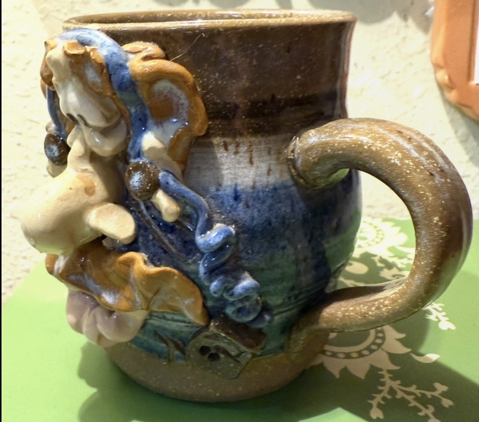 Studio Pottery Funny Ugly Face Coffee Mug Artist Signed Folk Art Blue gift