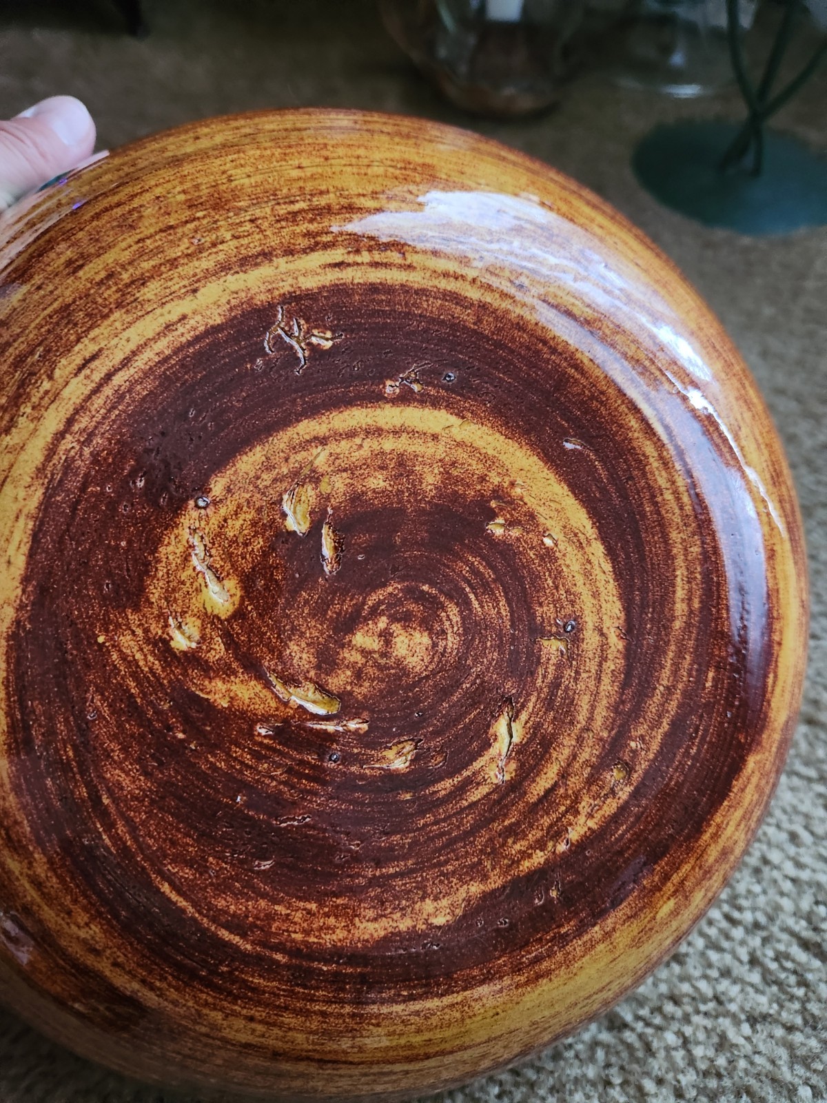 Large pottery salad bowl with 4 serving bowls, unique glaze, mid century