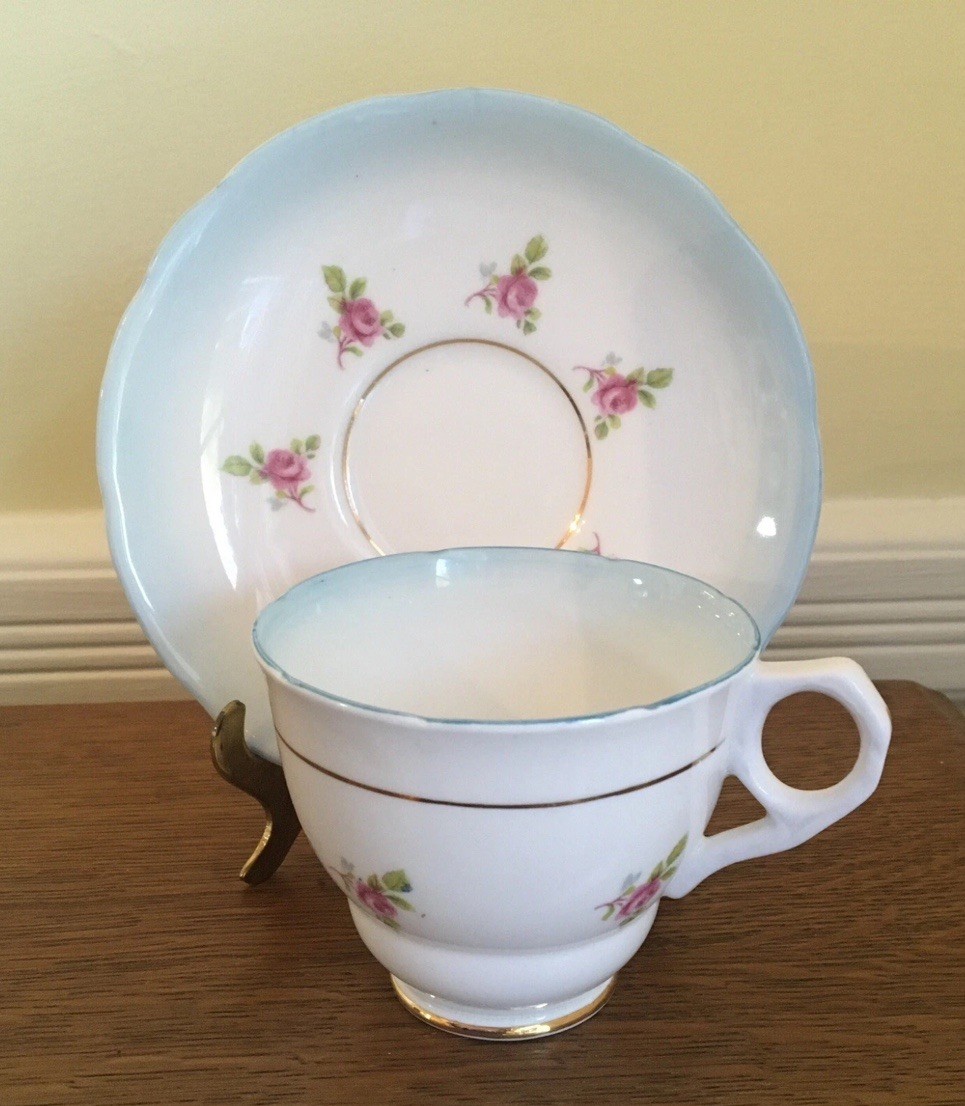 Royal Stafford Roses Pale Blue Teacup Saucer Bone China Gold Trim England 1940s
