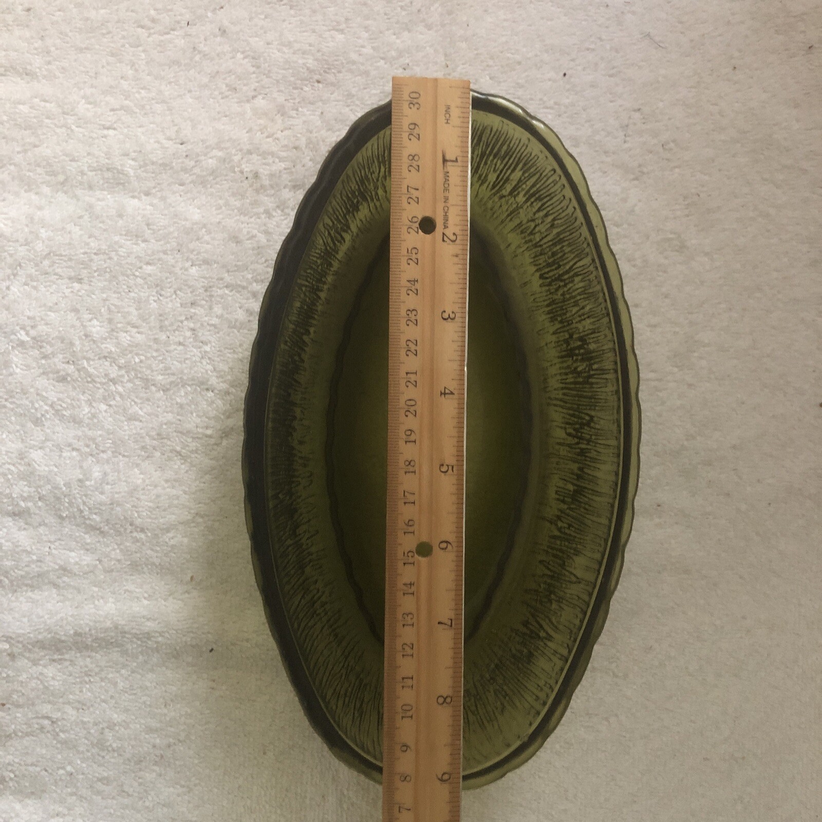 Oval Serve Dish Planter Bark Pattern 9.25×5.25×2.2 FTD 1975 Avocado Green Glass