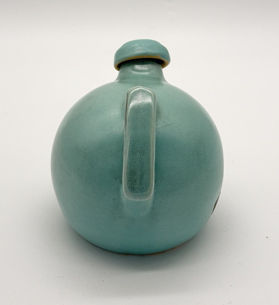 Vintage Art Deco Pottery Water Ball Pitcher Camark Teal Glazed Labels Cork 7″
