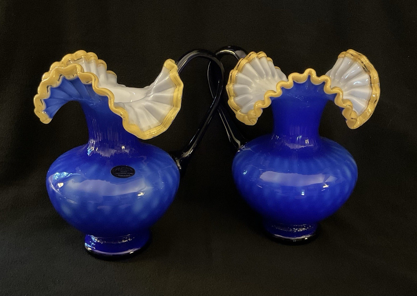 2 MCM Arte Murano Kristall Mery Cobalt Blue Pitcher W/Yellow Ruffled Rim 8.5
