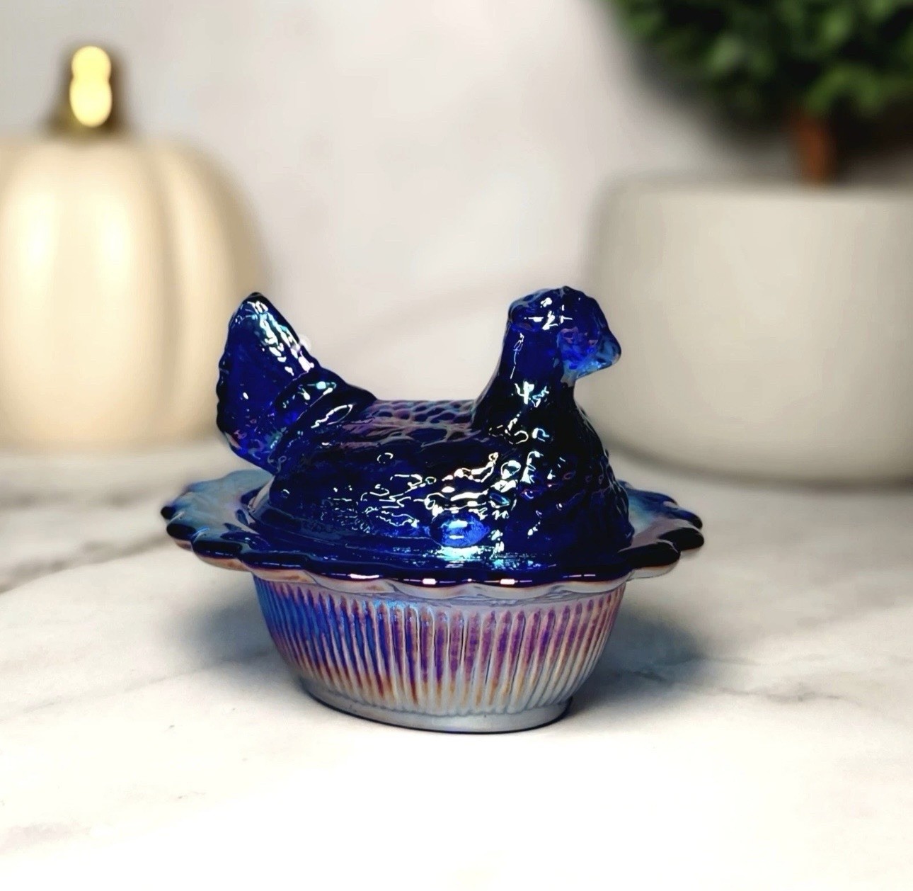 Mosser Cobalt Blue Carnival Glass Hen on Nest Salt Dish, Mini Chicken, VTG Style