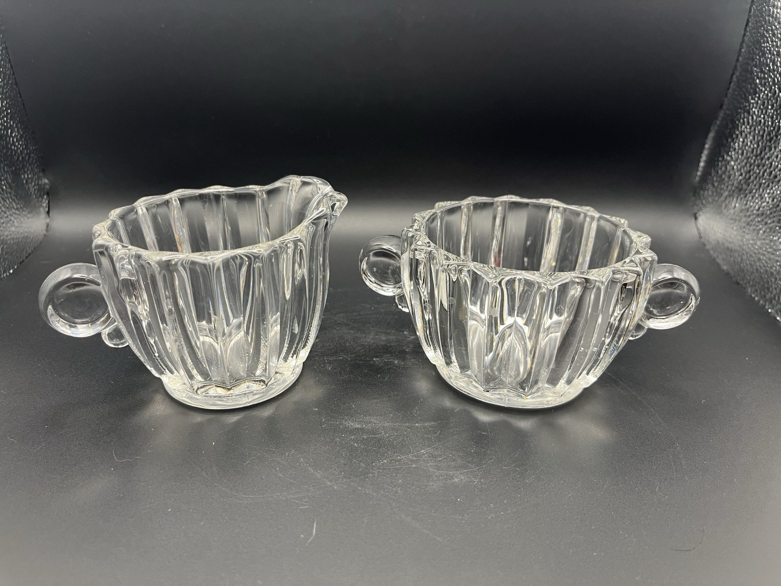 Vtg Jeannette Glass Depression Glass “National” creamer and sugar bowl set Clear