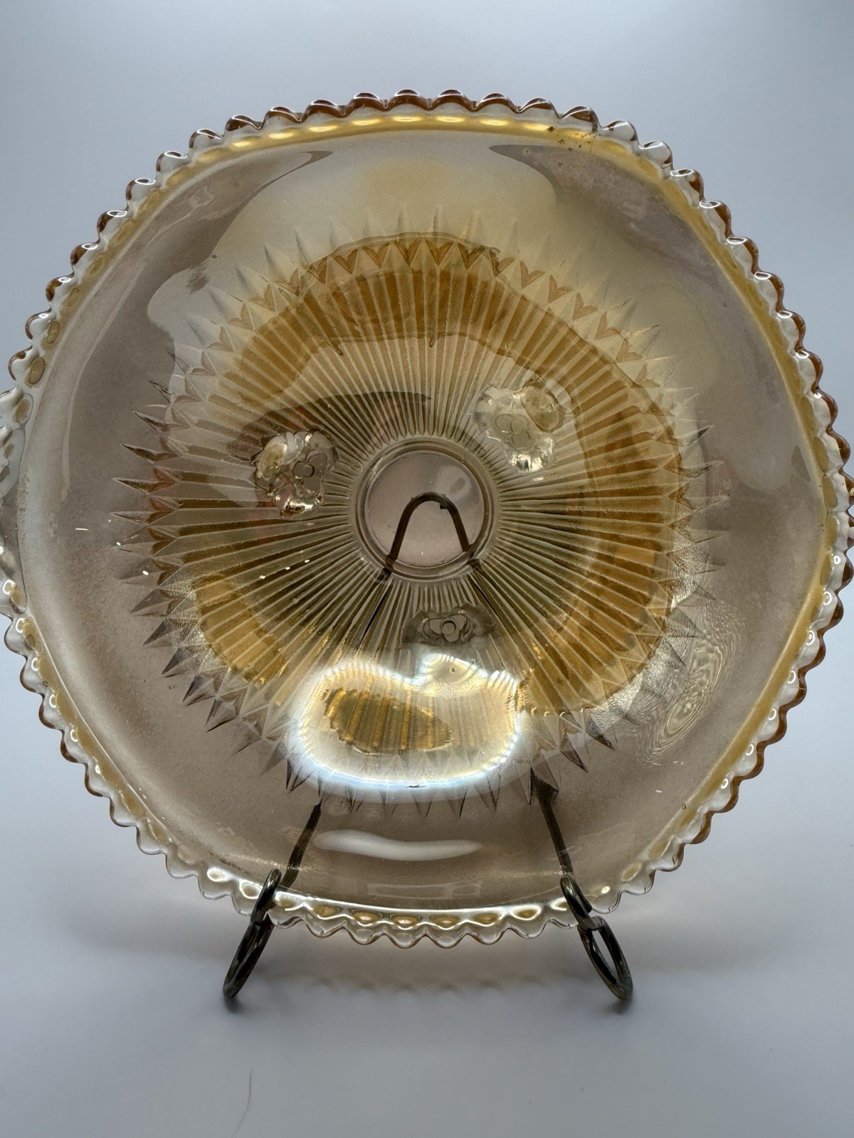 Vintage Carnival Glass Jeanette Glass 3 Footed Marigold ‘Anniversary’ Bowl 6.5”