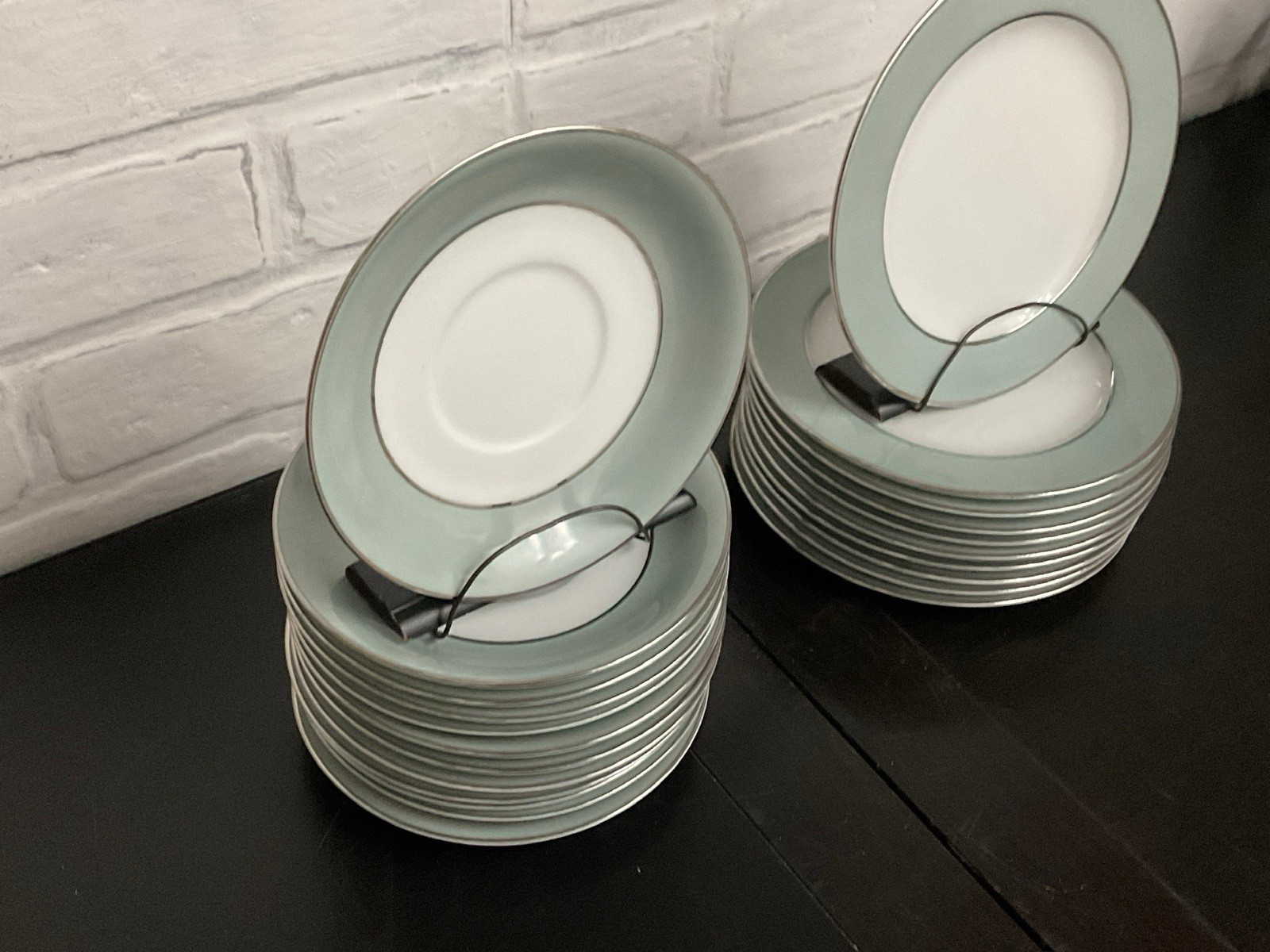 Vintage Sango Japan Sheffield Plates and Saucers Celadon Silver Rim- 22 Pc Lot