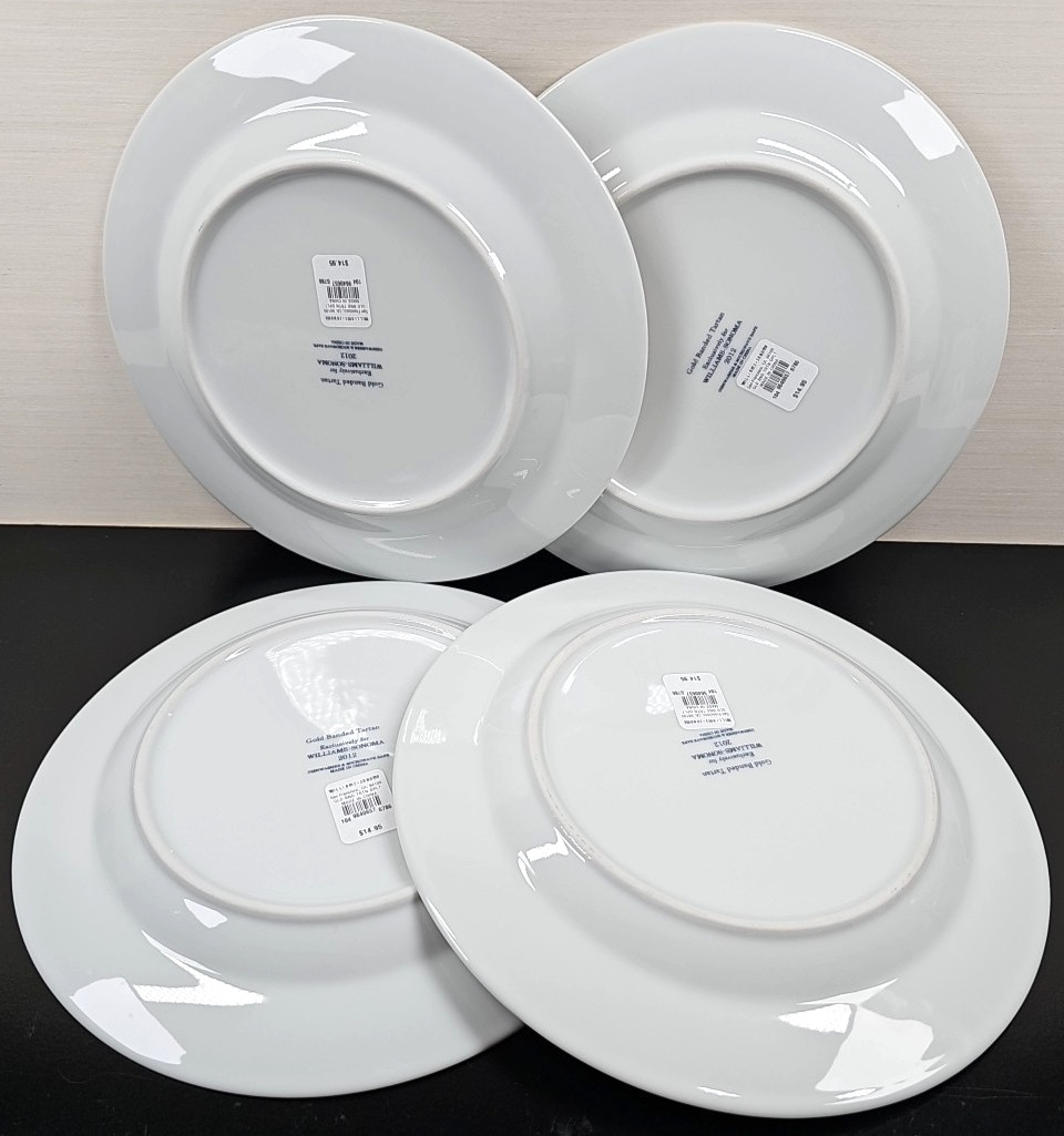 4) Williams Sonoma Gold Banded Tartan Dinner Plates Set Plaid Serving Dishes Lot