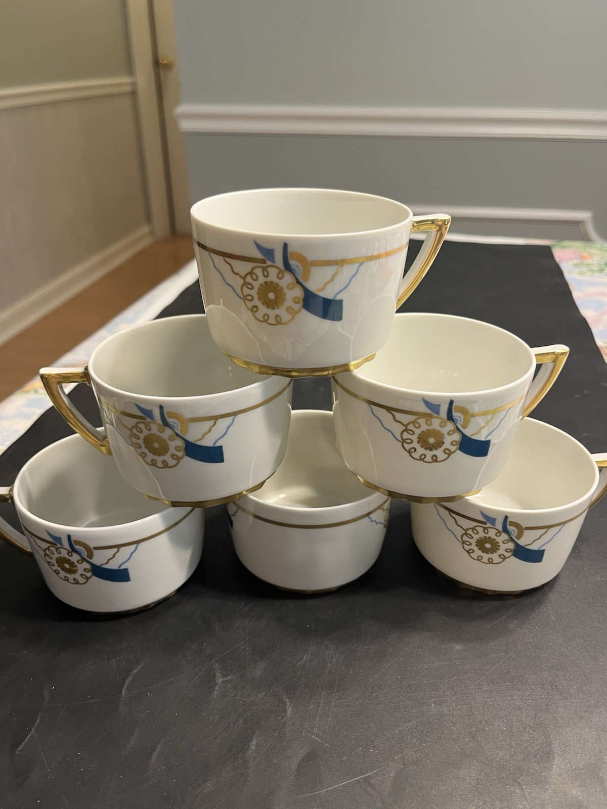 Haviland Limoges France Gold Teal Blue Coffee Tea Cups Mugs 6pc