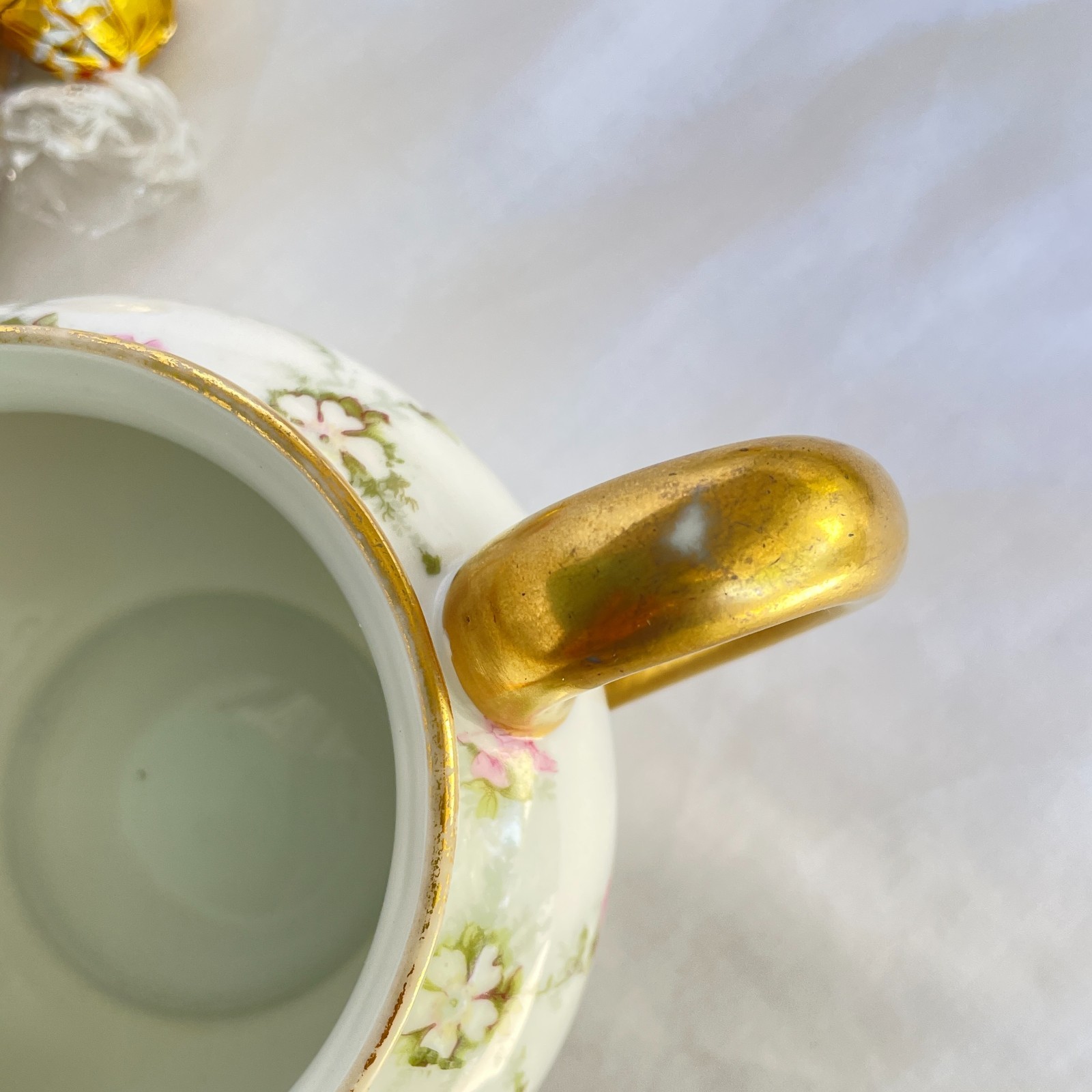 Antique D & C France White Porcelain Rose Garland Gold Handle Creamer