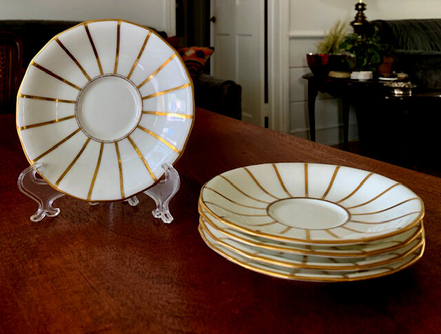 Royal Cauldon Bone China Saucers (5) Pattern # n637 Gold Lines on White c.1905