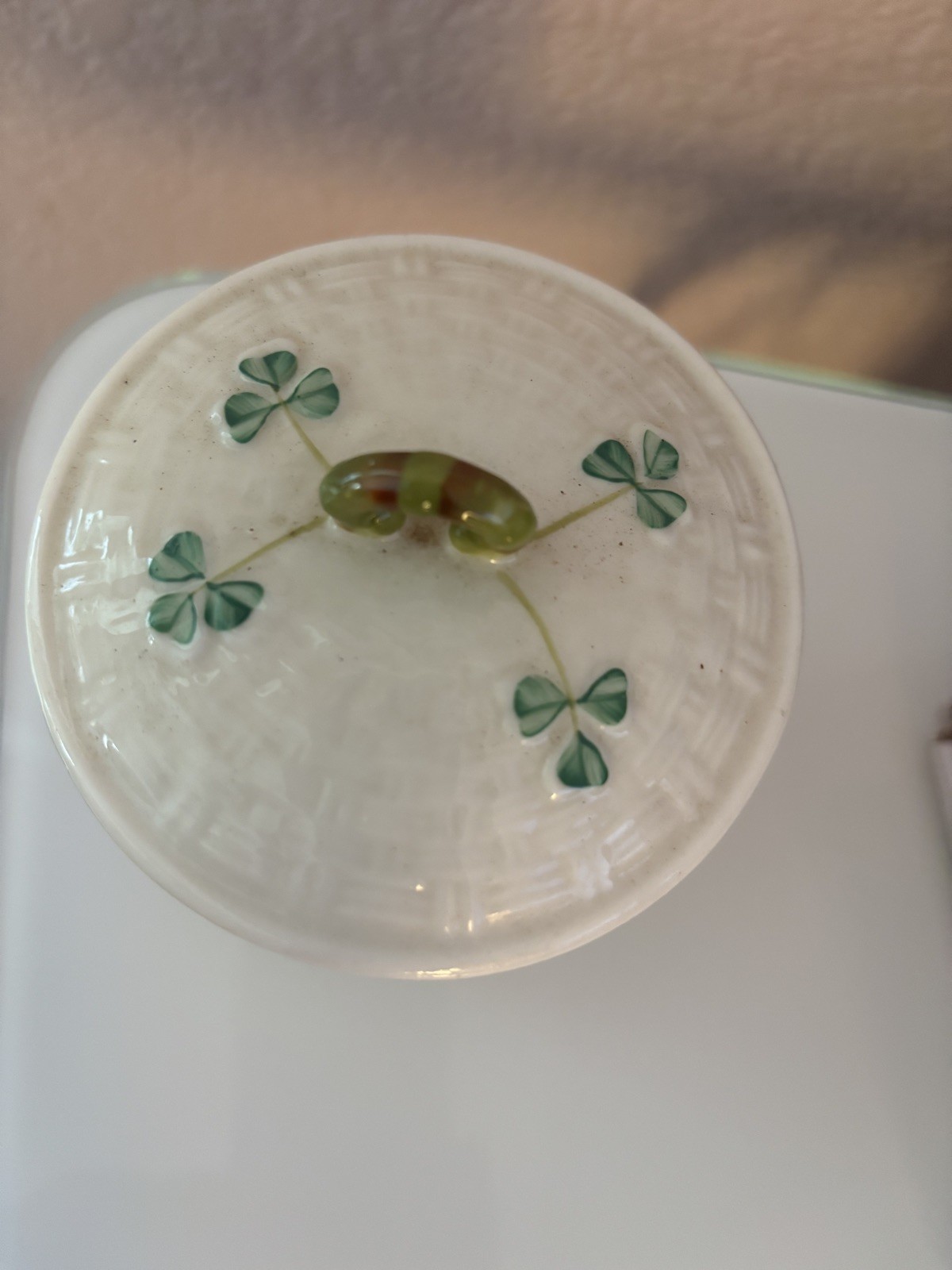Belleek Porcelain Shamrock Art Pottery Lid Tea Jar Canister Basket Weave Irish