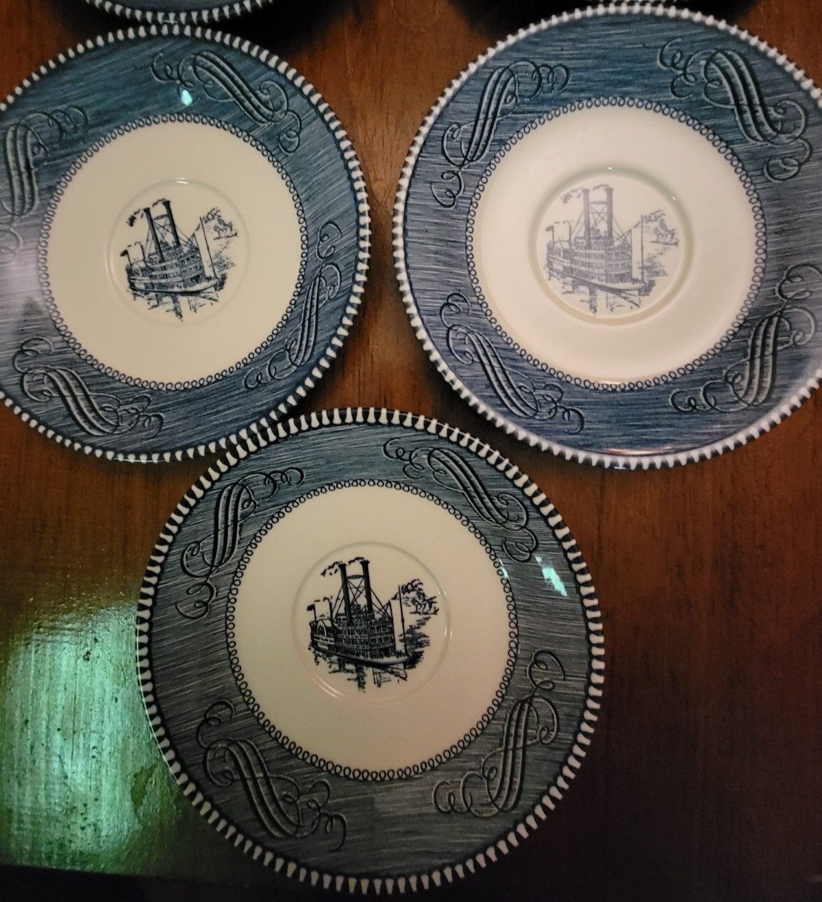 Currier & Ives Royal China Blue White Steamboat 6″ Saucer Plate Vtg