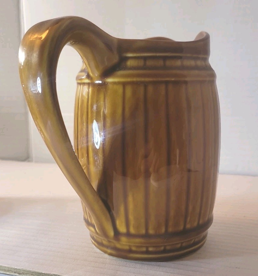 Vintage Uhl Pottery Rustic Brown Barrel Pitcher Stoneware Flaw / Planter Decor