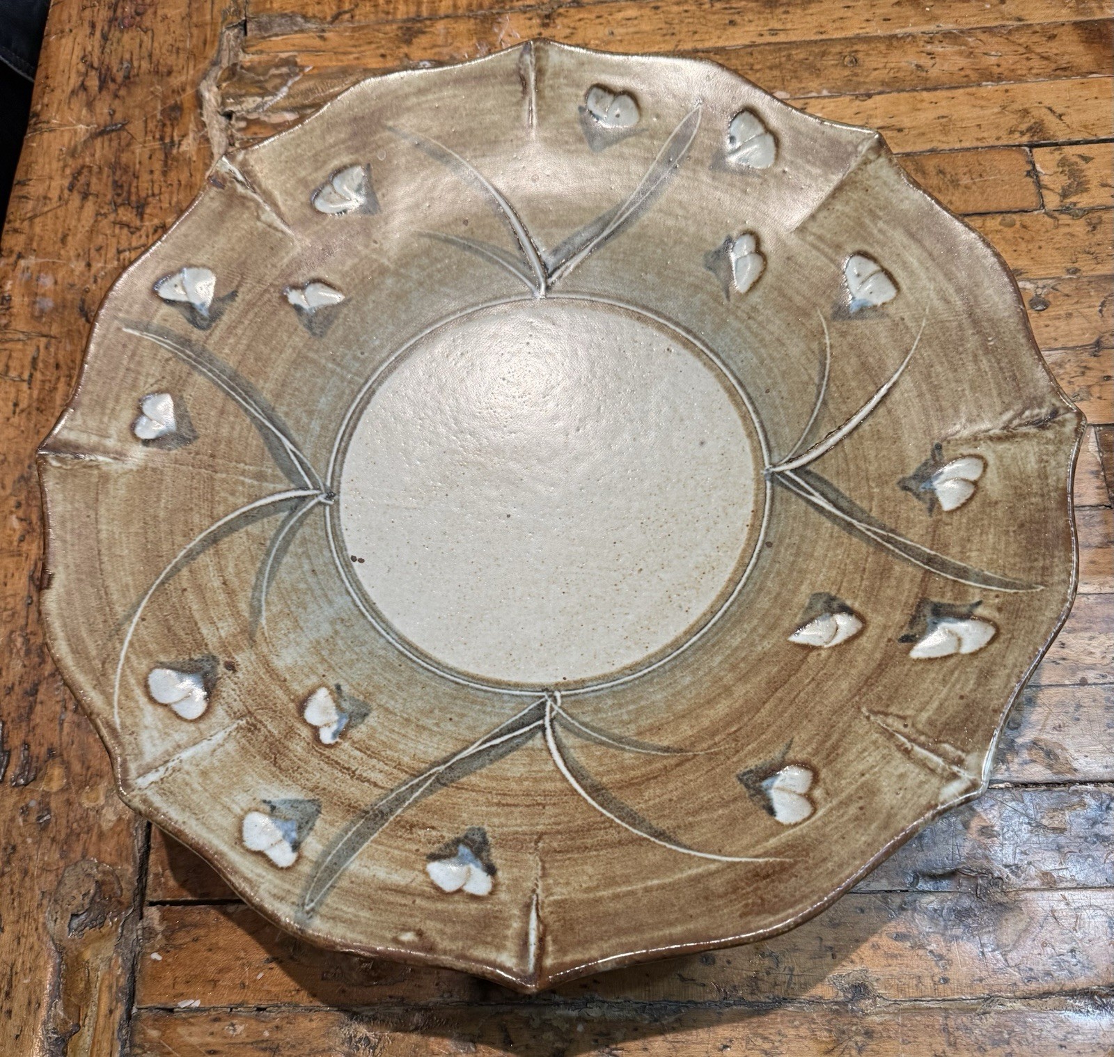 RARE 17″ Vtg NICOL Signed green, white Stoneware STUDIO ART Pottery Bowl Platter