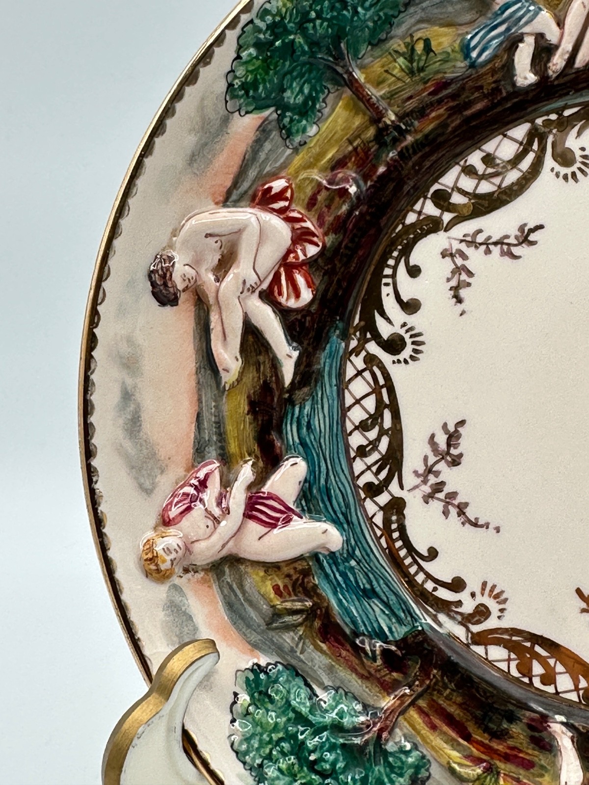 Pair Vintage Italian Capodimonte 7.5” Hand Painted Figural Relief Plates