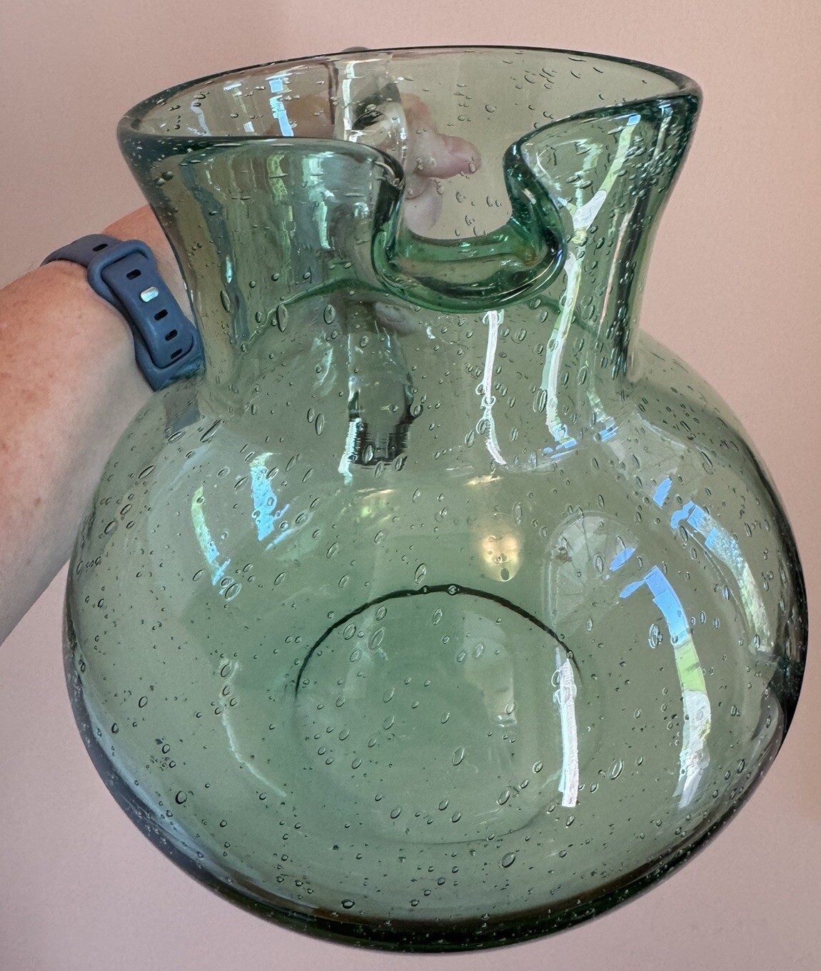 END 7/23 Large Hand Blown Green Bubble Glass Pitcher Heavy Applied Handle Seeded